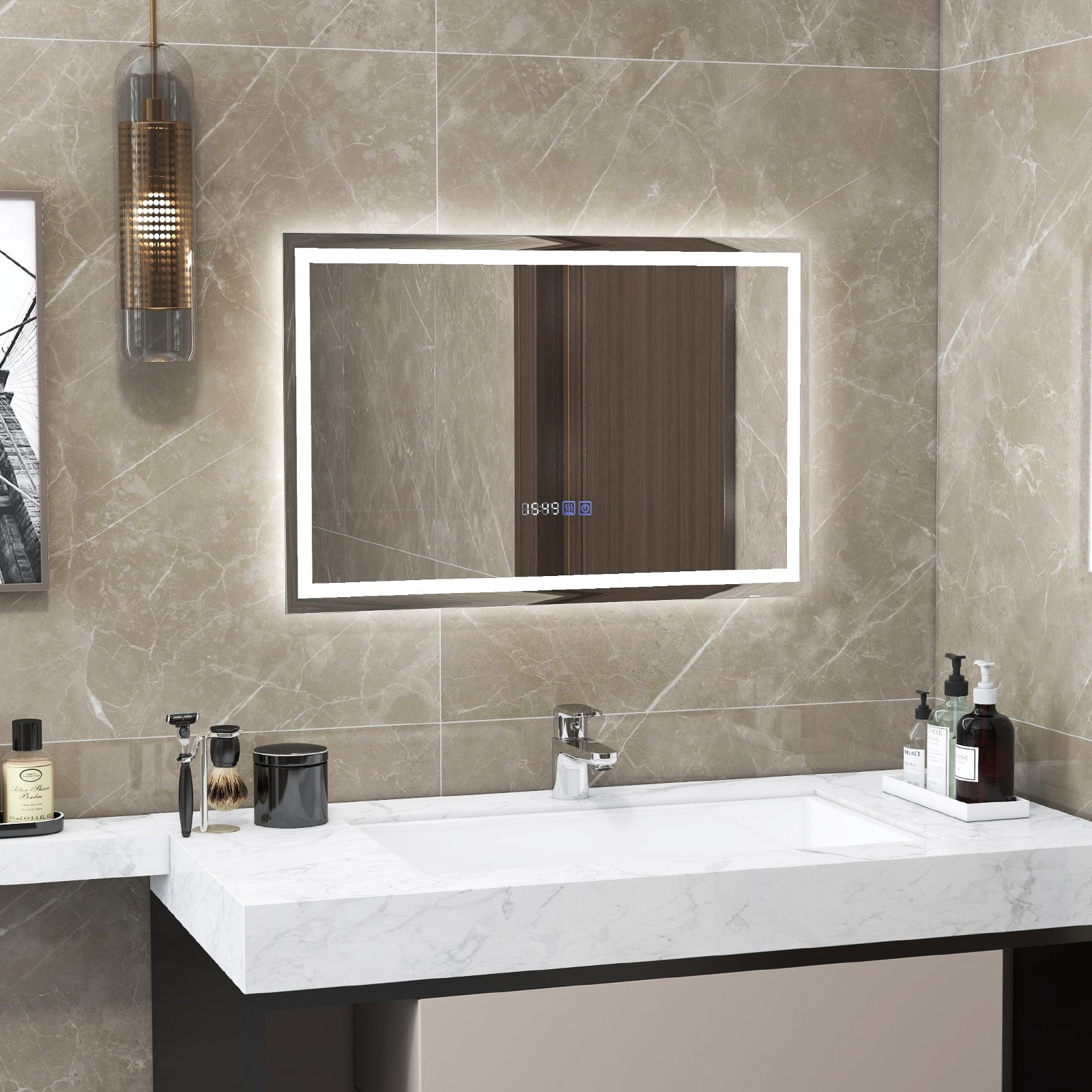 LED Bathroom Mirror Wall Mounted Rectangle Mirror with 3-Color Dimmable Lights-S, Silver Wall Mirrors   at Gallery Canada