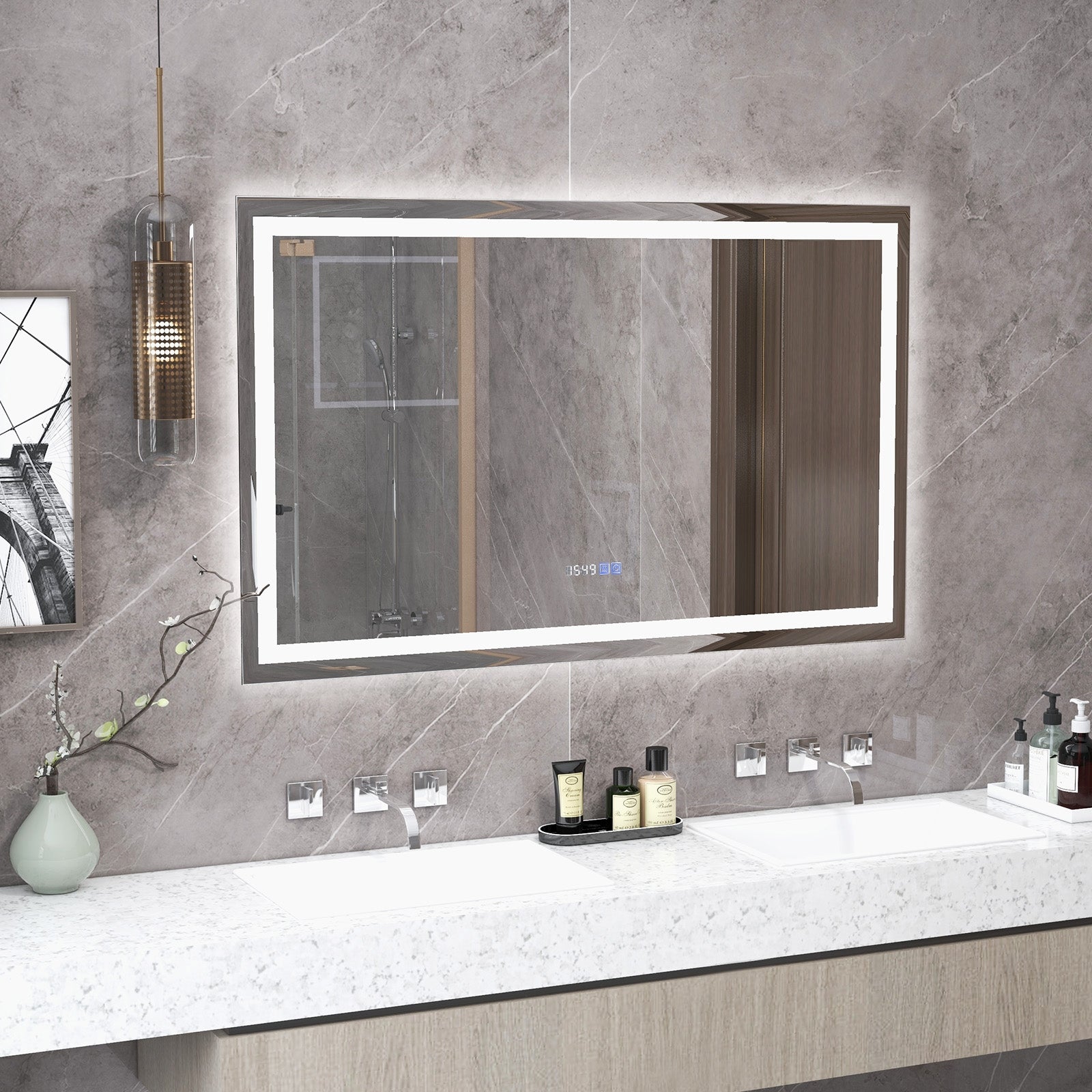 LED Bathroom Mirror Wall Mounted Rectangle Mirror with 3-Color Dimmable Lights-L, Silver Wall Mirrors   at Gallery Canada