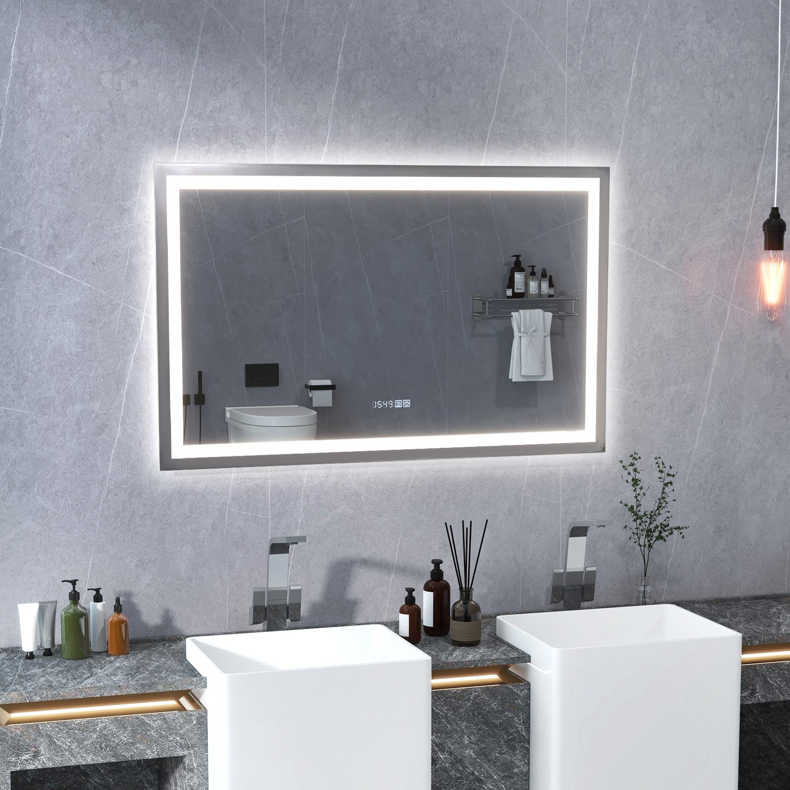 LED Bathroom Mirror Wall Mounted Rectangle Mirror with 3-Color Dimmable Lights-L, Silver Wall Mirrors   at Gallery Canada