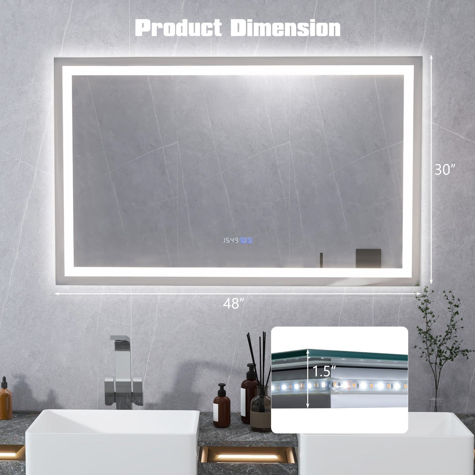 LED Bathroom Mirror Wall Mounted Rectangle Mirror with 3-Color Dimmable Lights-L, Silver Wall Mirrors   at Gallery Canada