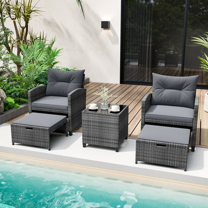 5 Piece Patio Rattan Furniture with 2 Ottomans and Tempered Glass Coffee Table, Gray Patio Conversation Sets   at Gallery Canada