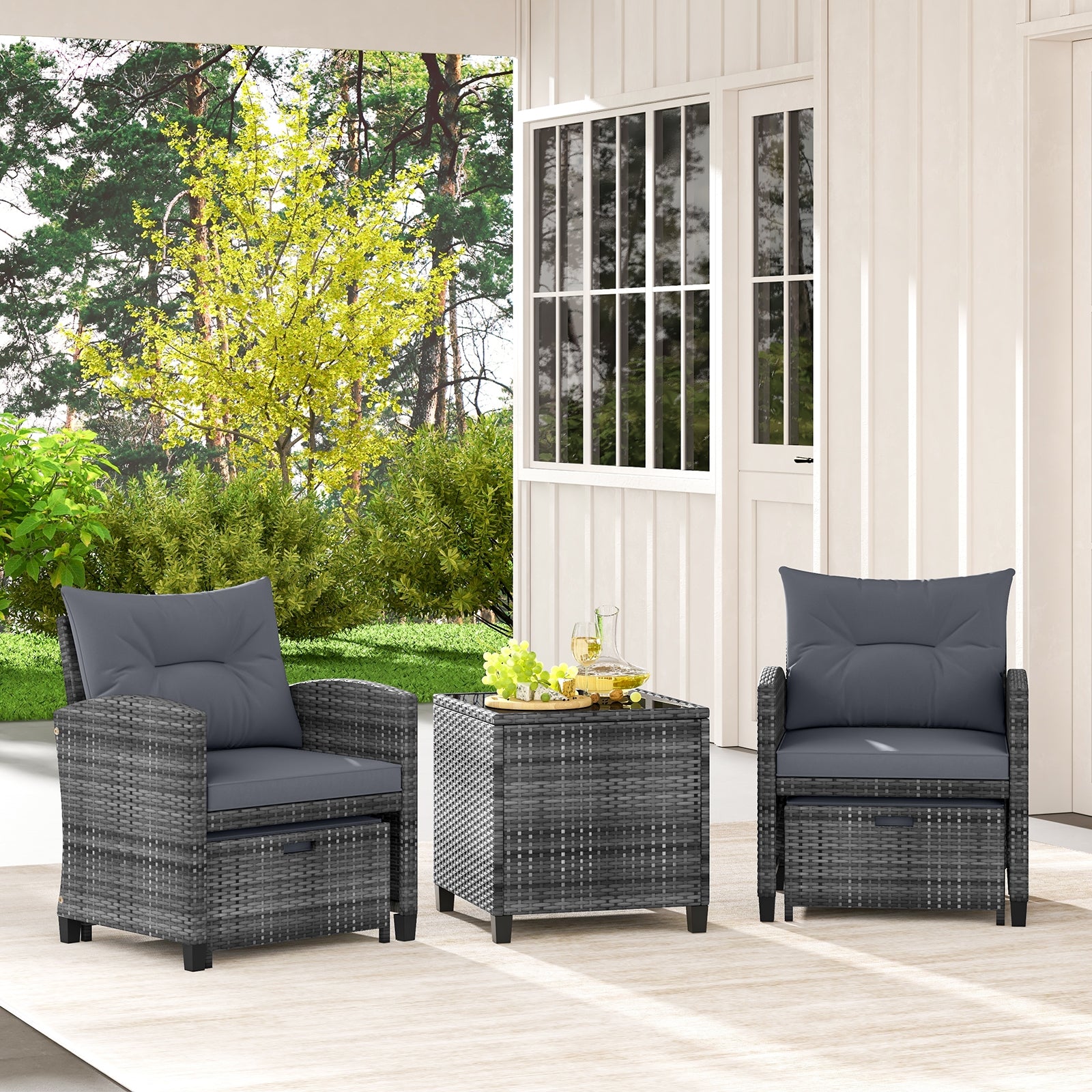 5 Piece Patio Rattan Furniture with 2 Ottomans and Tempered Glass Coffee Table, Gray Patio Conversation Sets   at Gallery Canada