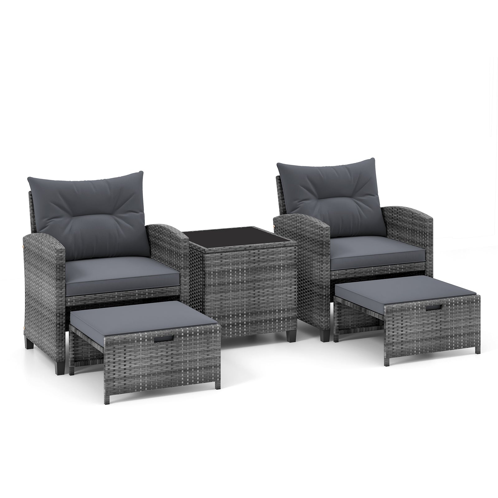 5 Piece Patio Rattan Furniture with 2 Ottomans and Tempered Glass Coffee Table, Gray Patio Conversation Sets   at Gallery Canada