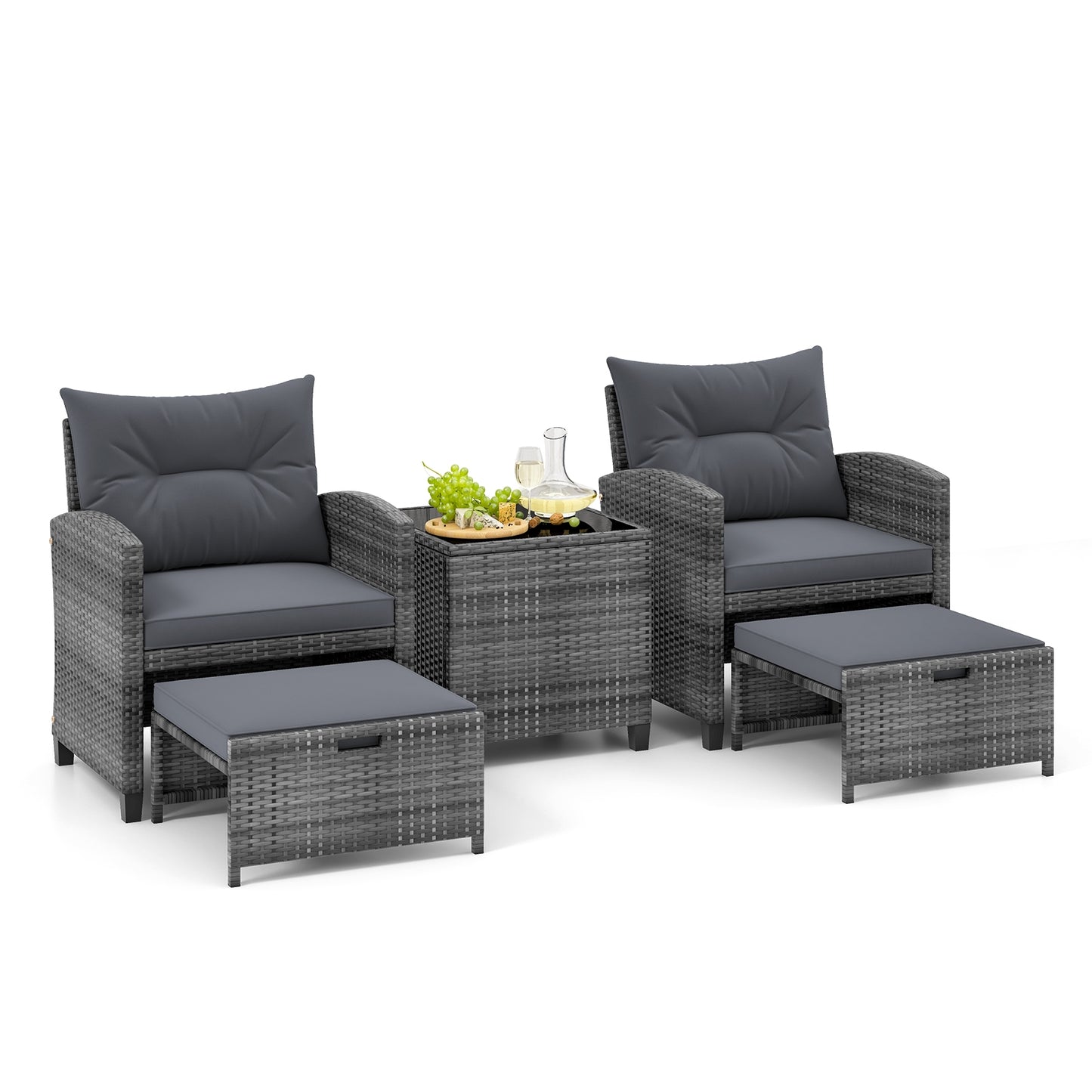 5 Piece Patio Rattan Furniture with 2 Ottomans and Tempered Glass Coffee Table, Gray Patio Conversation Sets Gray  at Gallery Canada