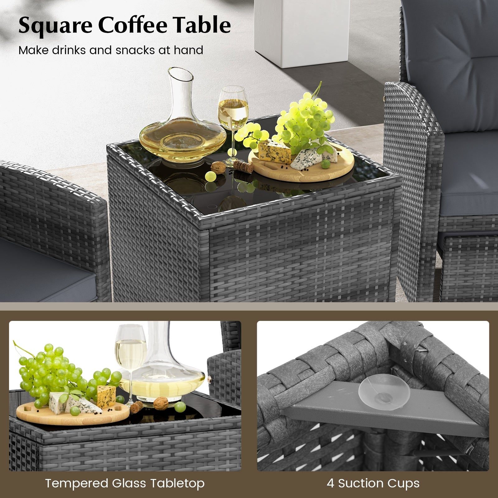 5 Piece Patio Rattan Furniture with 2 Ottomans and Tempered Glass Coffee Table, Gray Patio Conversation Sets   at Gallery Canada