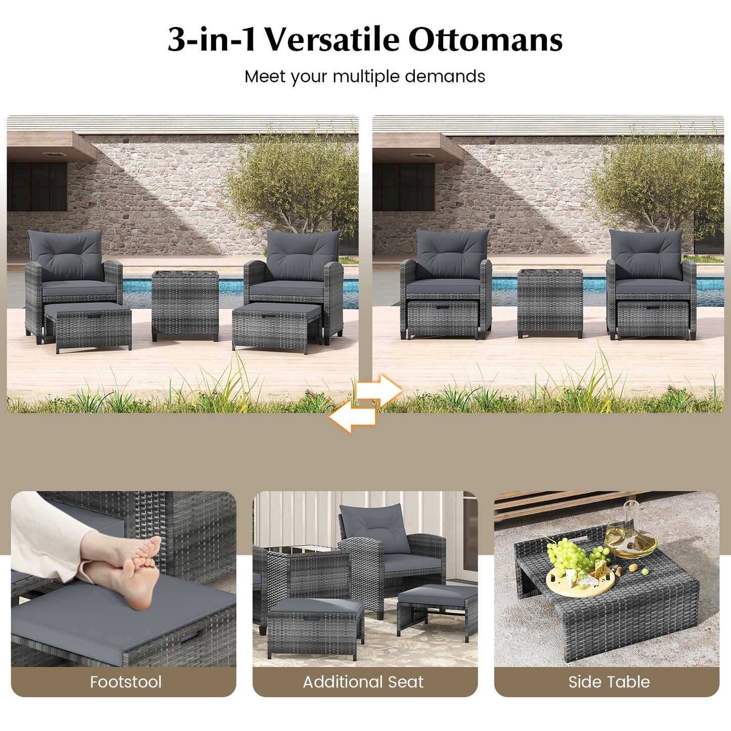 5 Piece Patio Rattan Furniture with 2 Ottomans and Tempered Glass Coffee Table, Gray Patio Conversation Sets   at Gallery Canada