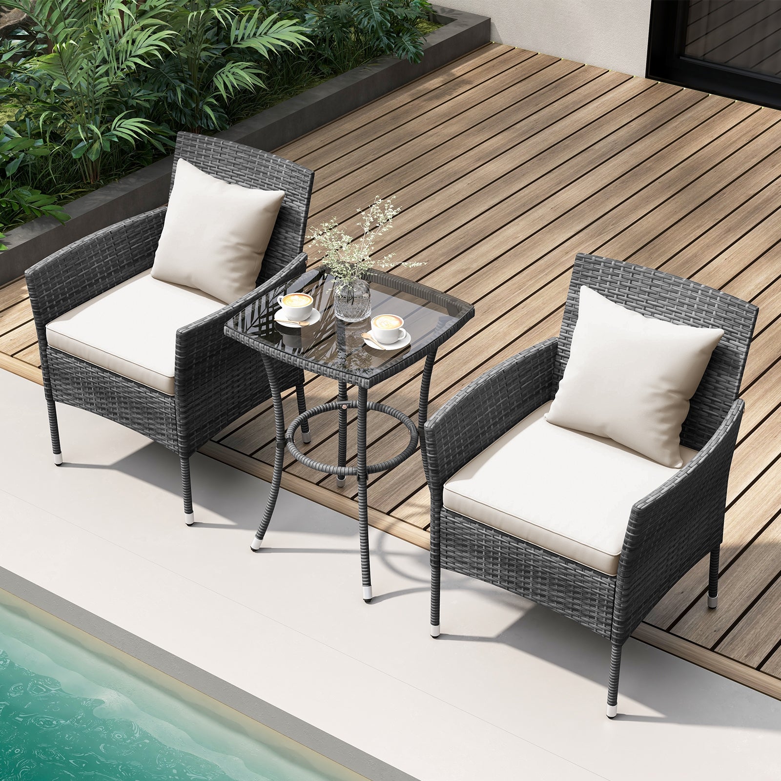 3 Pieces Patio Furniture Set with Cushioned Patio Chairs and Tempered Glass Coffee Table, White Patio Conversation Sets   at Gallery Canada
