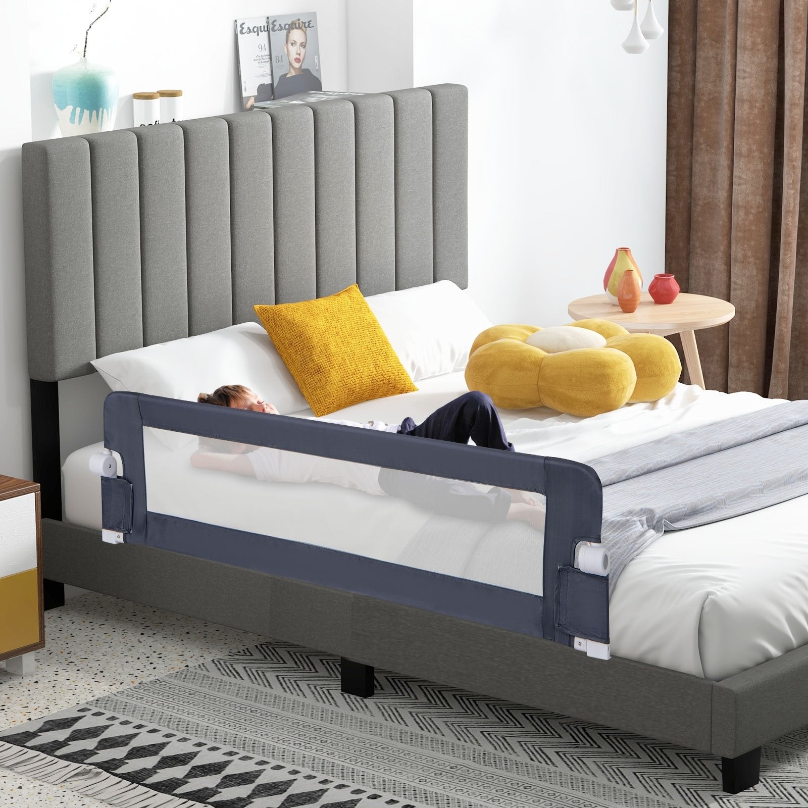 60-Inch Foldable Bed Rail Swing Down Baby Bed Guard Rail with Adjustable Safety Strap-Grey, Gray Bed Rails   at Gallery Canada