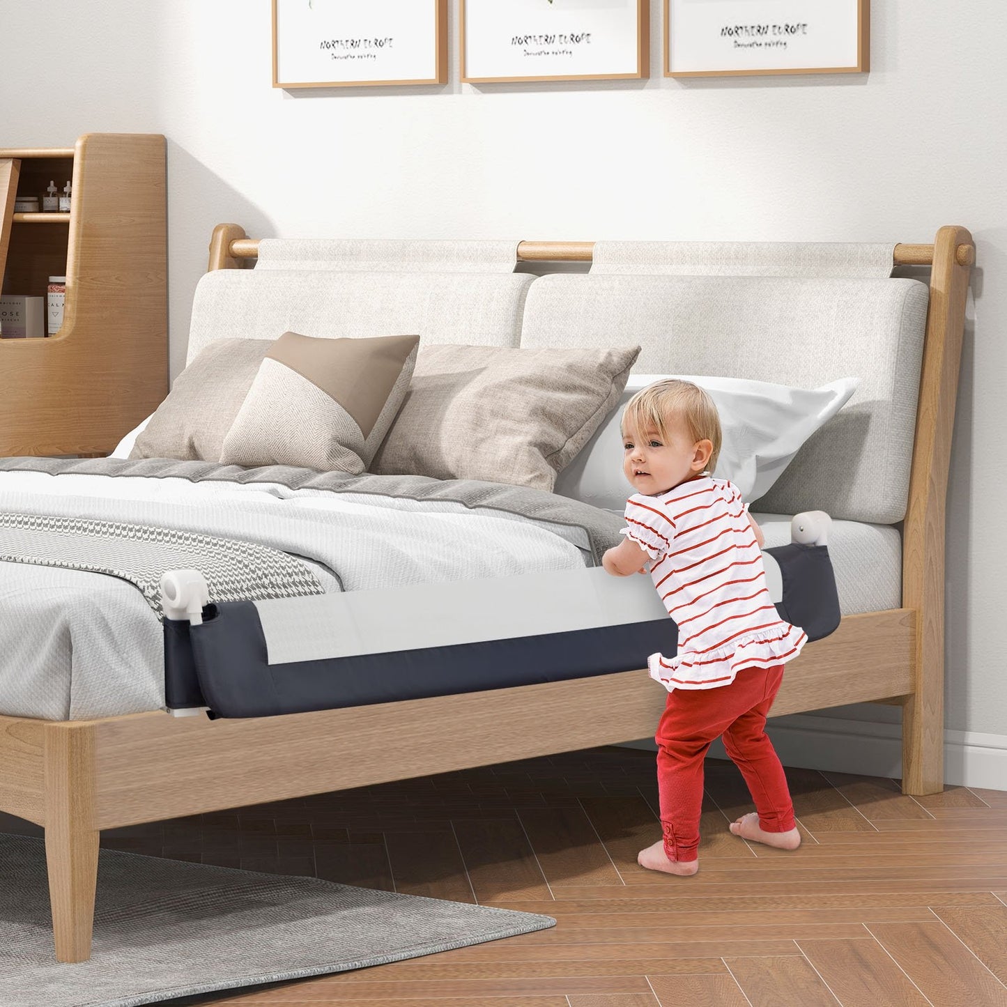 60-Inch Foldable Bed Rail Swing Down Baby Bed Guard Rail with Adjustable Safety Strap-Grey, Gray Bed Rails   at Gallery Canada