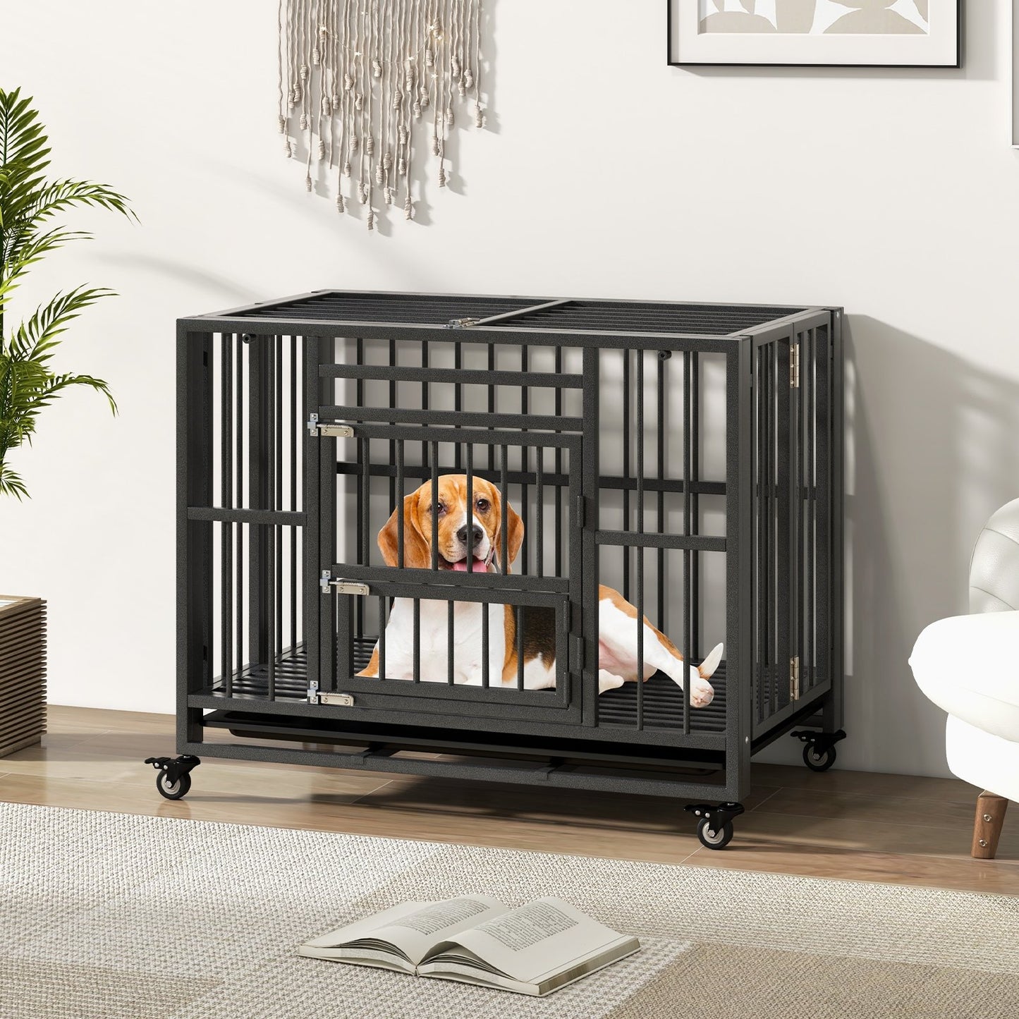 Foldable Heavy-Duty Metal Dog Cage Chew-proof Dog Crate with Lockable Universal Wheels, Black Dog Kennels   at Gallery Canada