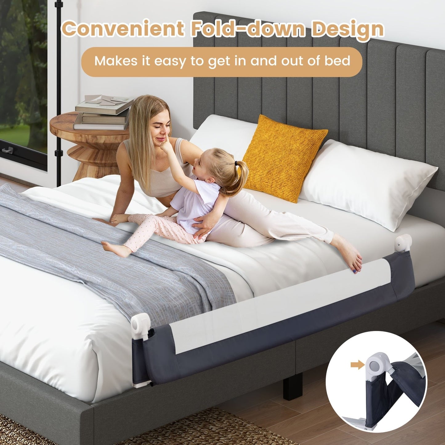 60-Inch Foldable Bed Rail Swing Down Baby Bed Guard Rail with Adjustable Safety Strap-Grey, Gray Bed Rails   at Gallery Canada