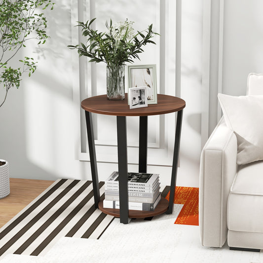 Round End Table with Open Shelf and Metal Frame, Walnut End & Side Tables Walnut  at Gallery Canada