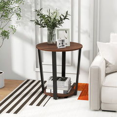 Round End Table with Open Shelf and Metal Frame, Walnut - Gallery Canada
