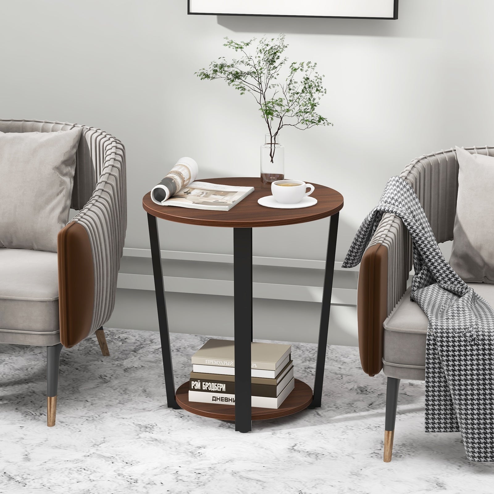 Round End Table with Open Shelf and Metal Frame, Walnut End & Side Tables   at Gallery Canada