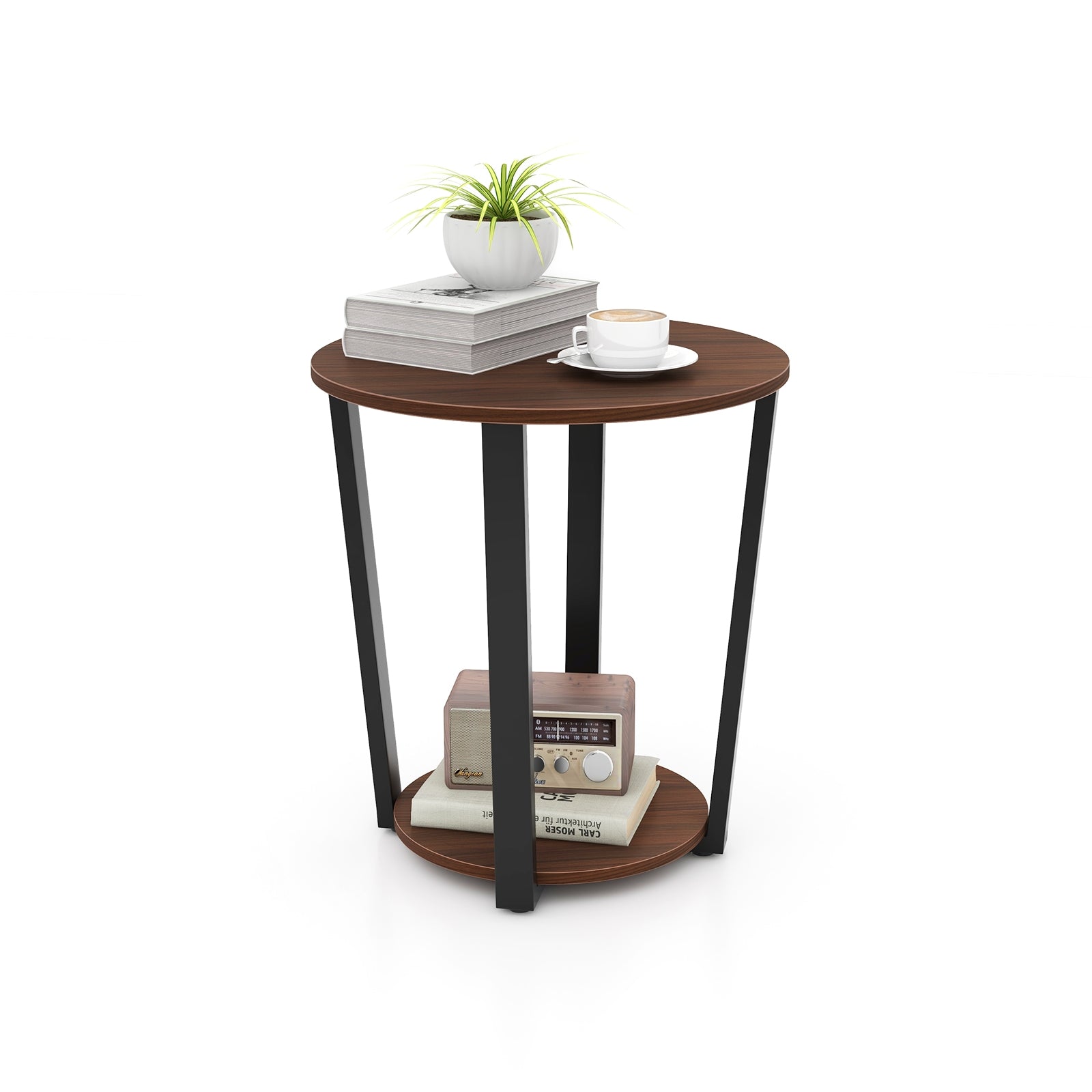 Round End Table with Open Shelf and Metal Frame, Walnut