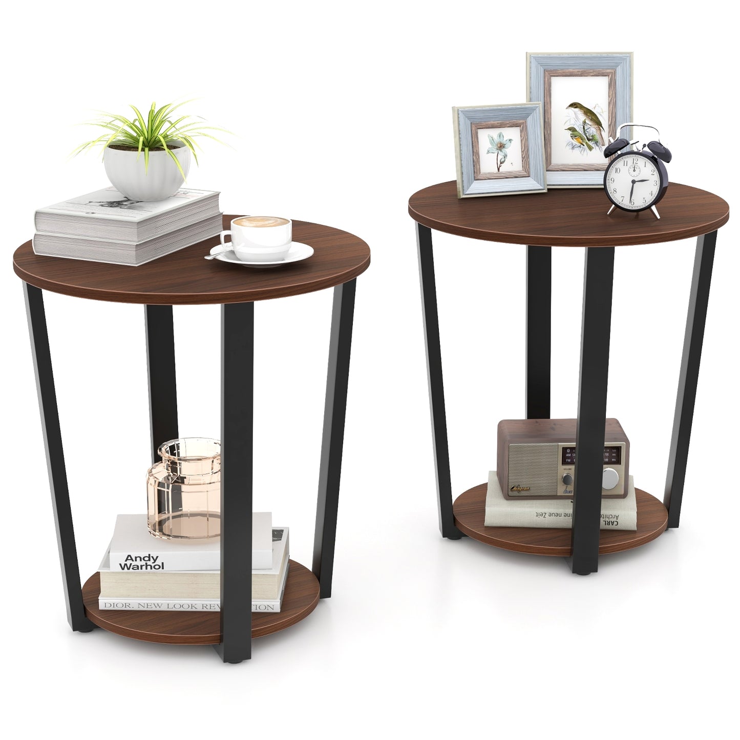 Round End Table with Open Shelf and Metal Frame, Walnut End & Side Tables   at Gallery Canada