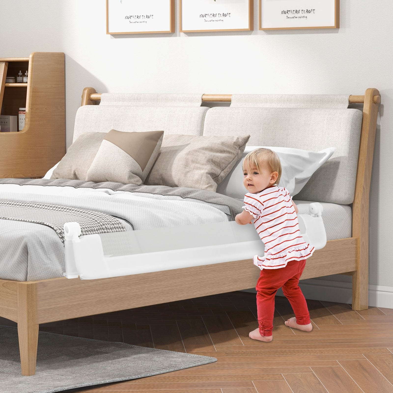 60-Inch Foldable Bed Rail Swing Down Baby Bed Guard Rail with Adjustable Safety Strap, White Bed Rails   at Gallery Canada