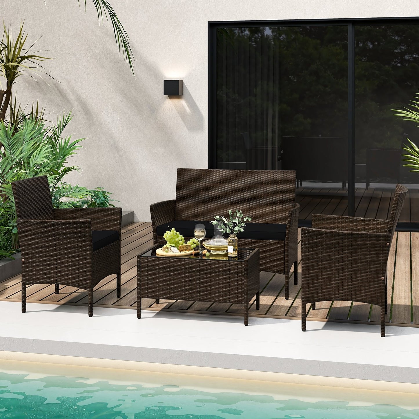 4 Piece Patio Rattan Conversation Set with Cozy Seat Cushions, Black Patio Conversation Sets   at Gallery Canada