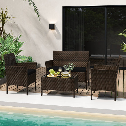 4 Piece Patio Rattan Conversation Set with Cozy Seat Cushions, Black - Gallery Canada