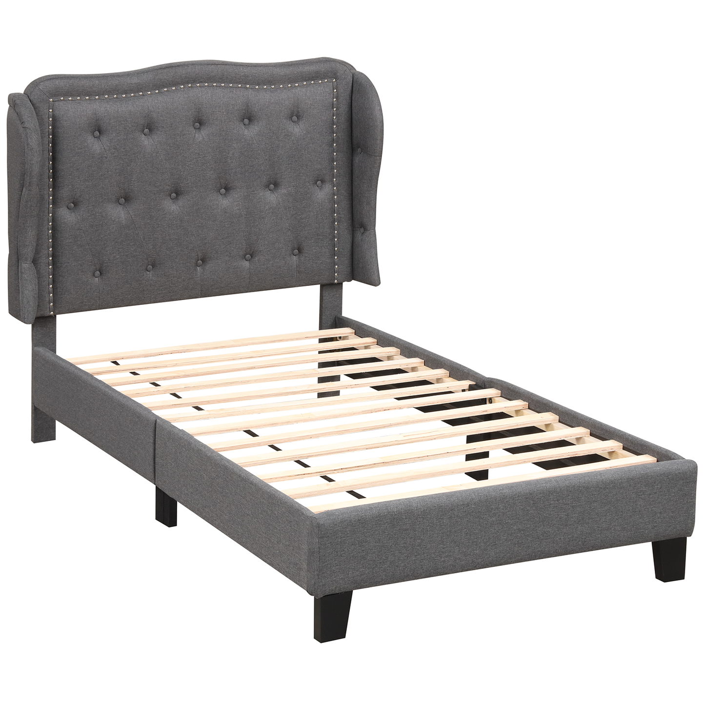 Twin Size Bed Frame with Button Tufted Wingback Headboard and Storage Space, Gray Simple Bed Frame Gray  at Gallery Canada