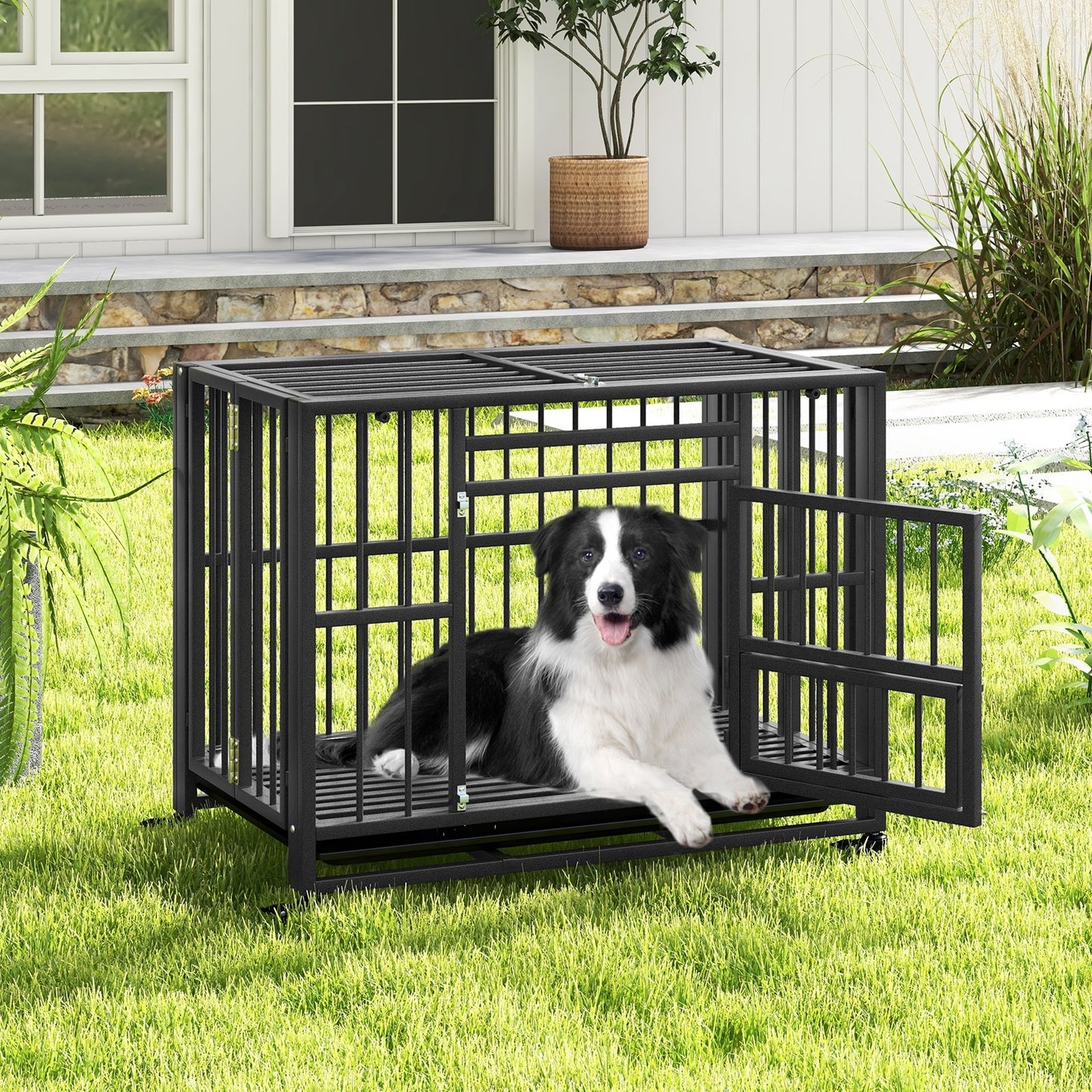 Foldable Heavy-Duty Metal Dog Cage Chew-proof Dog Crate with Lockable Universal Wheels, Black Dog Kennels   at Gallery Canada