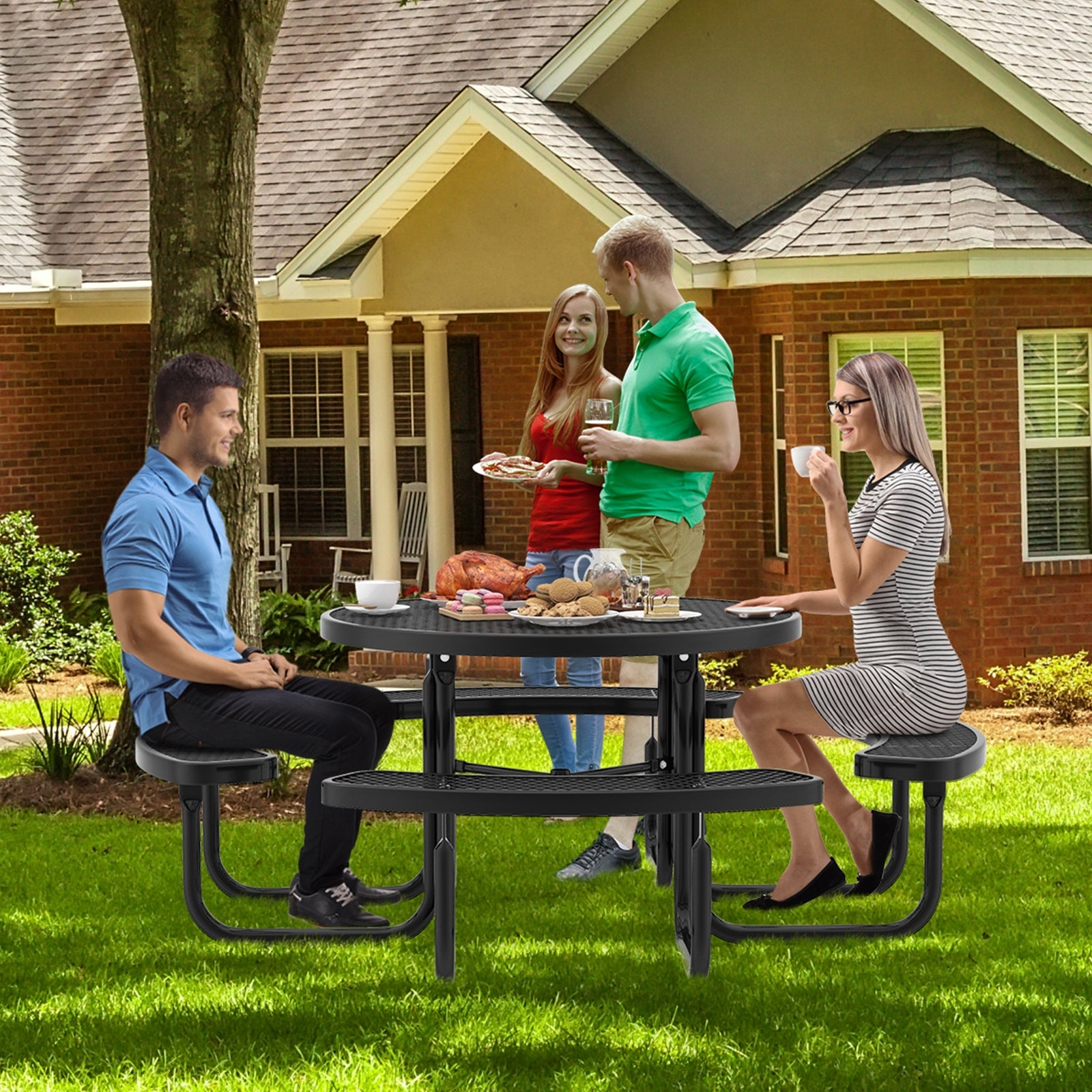 45 Inches Outdoor Round Picnic Table and Bench Set for 8 with Umbrella Hole, Black Picnic Tables   at Gallery Canada