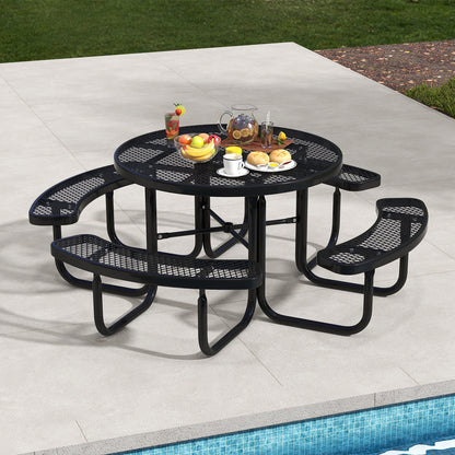 45 Inches Outdoor Round Picnic Table and Bench Set for 8 with Umbrella Hole, Black Picnic Tables   at Gallery Canada