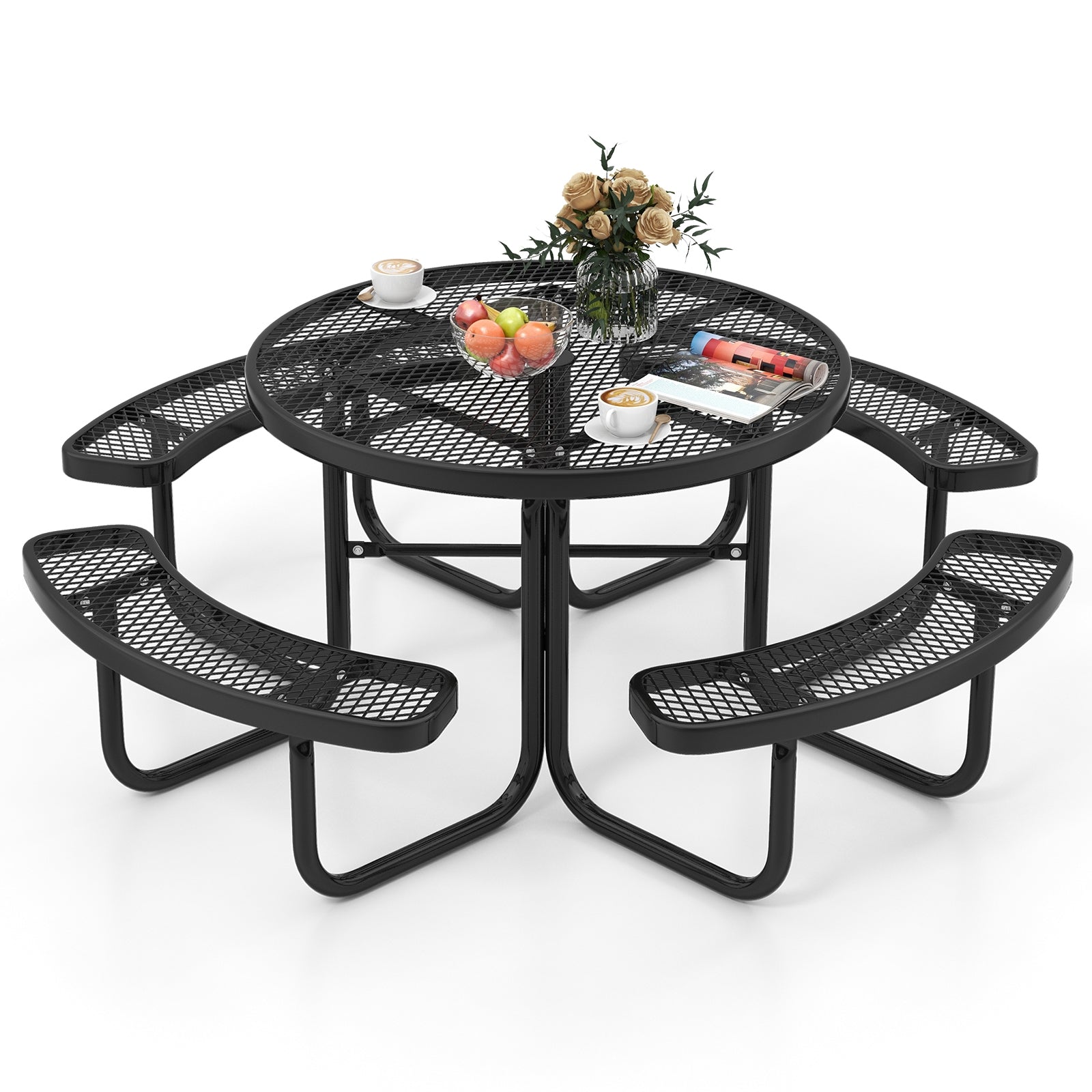 45 Inches Outdoor Round Picnic Table and Bench Set for 8 with Umbrella Hole, Black Picnic Tables Black  at Gallery Canada