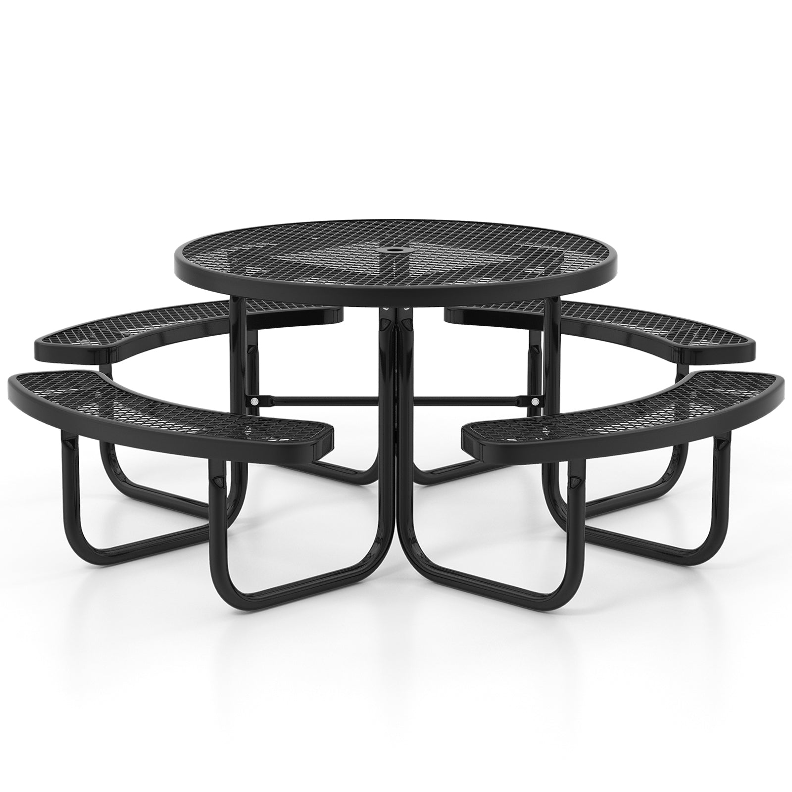 45 Inches Outdoor Round Picnic Table and Bench Set for 8 with Umbrella Hole, Black Picnic Tables   at Gallery Canada