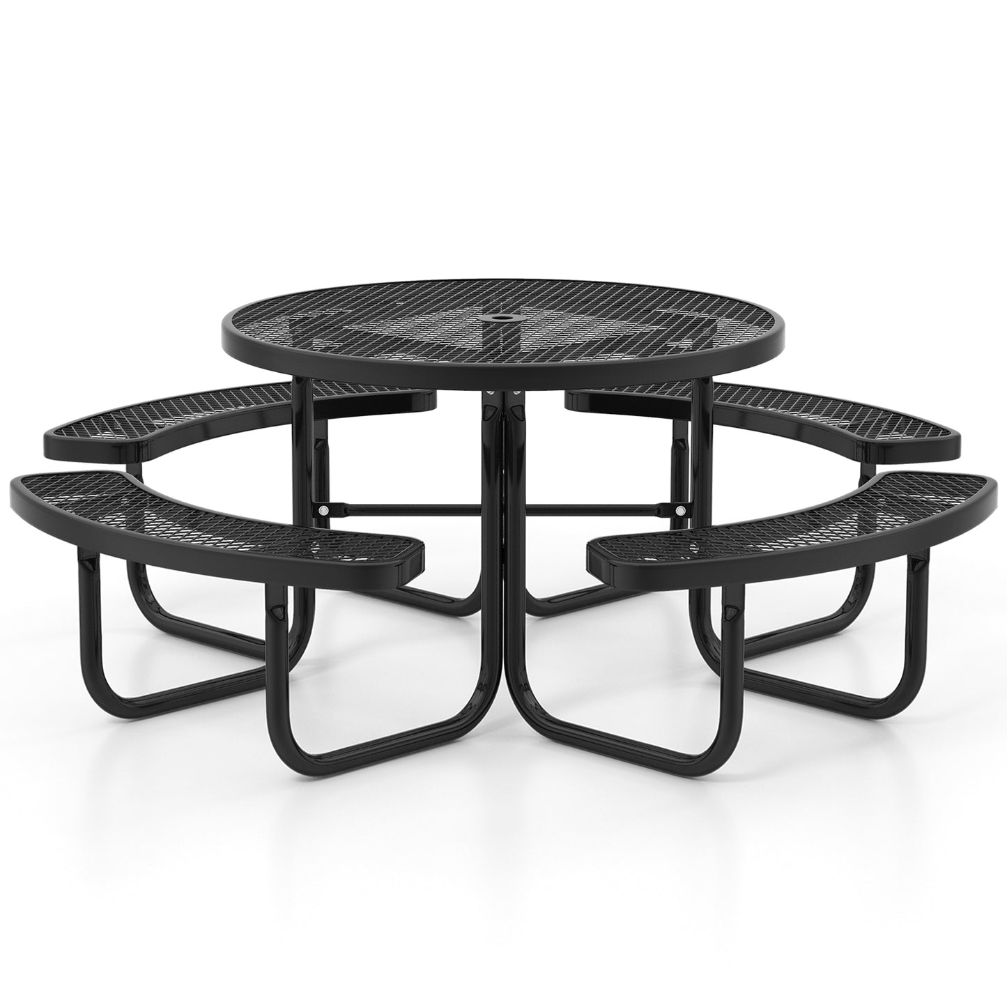 45 Inches Outdoor Round Picnic Table and Bench Set for 8 with Umbrella Hole, Black Picnic Tables   at Gallery Canada