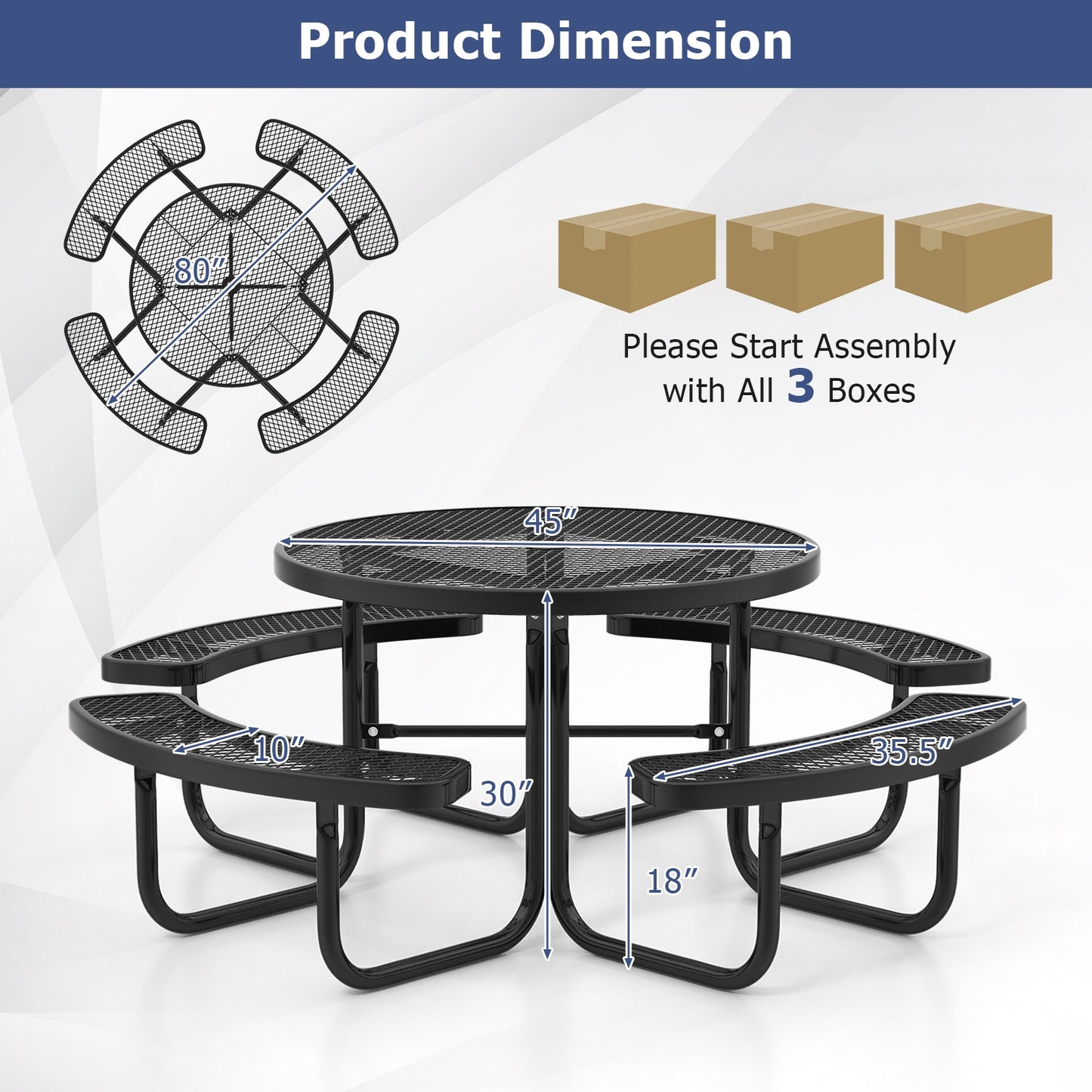 45 Inches Outdoor Round Picnic Table and Bench Set for 8 with Umbrella Hole, Black Picnic Tables   at Gallery Canada