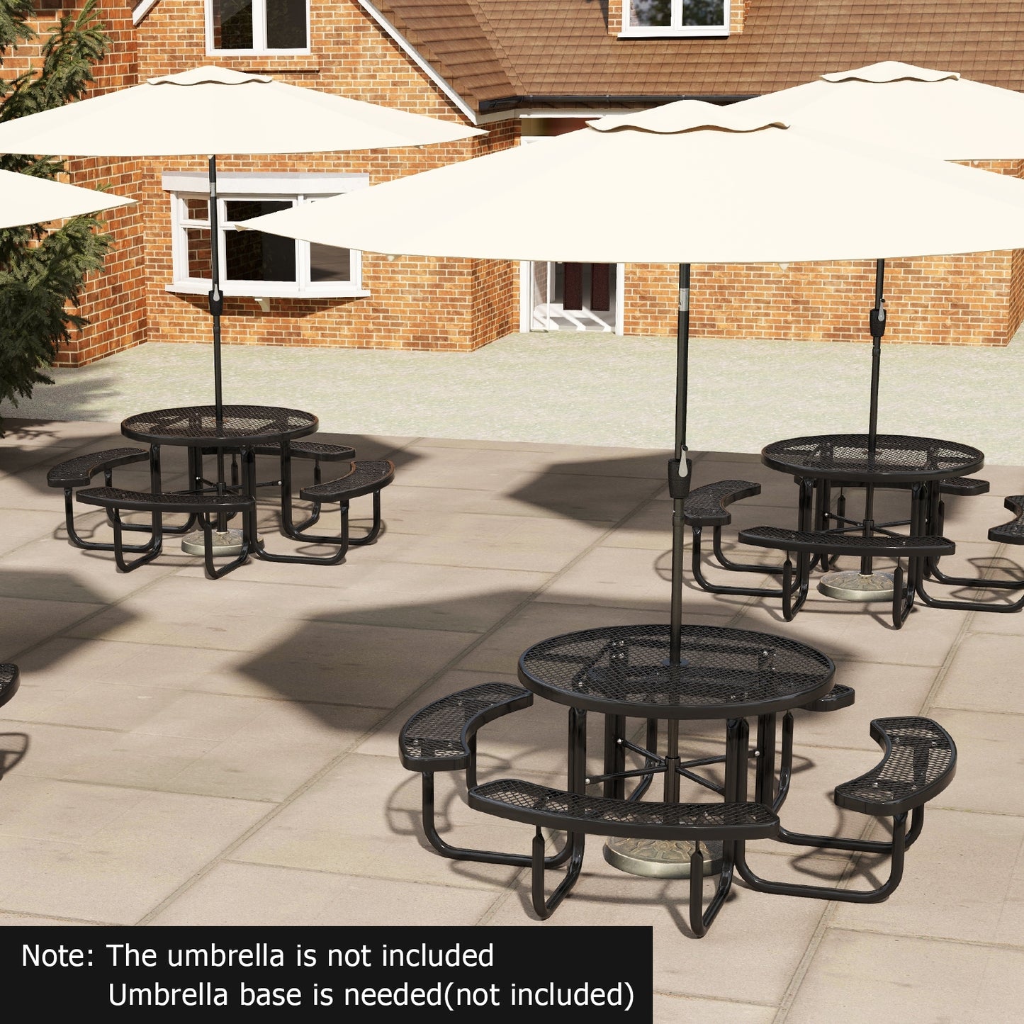 45 Inches Outdoor Round Picnic Table and Bench Set for 8 with Umbrella Hole, Black Picnic Tables   at Gallery Canada