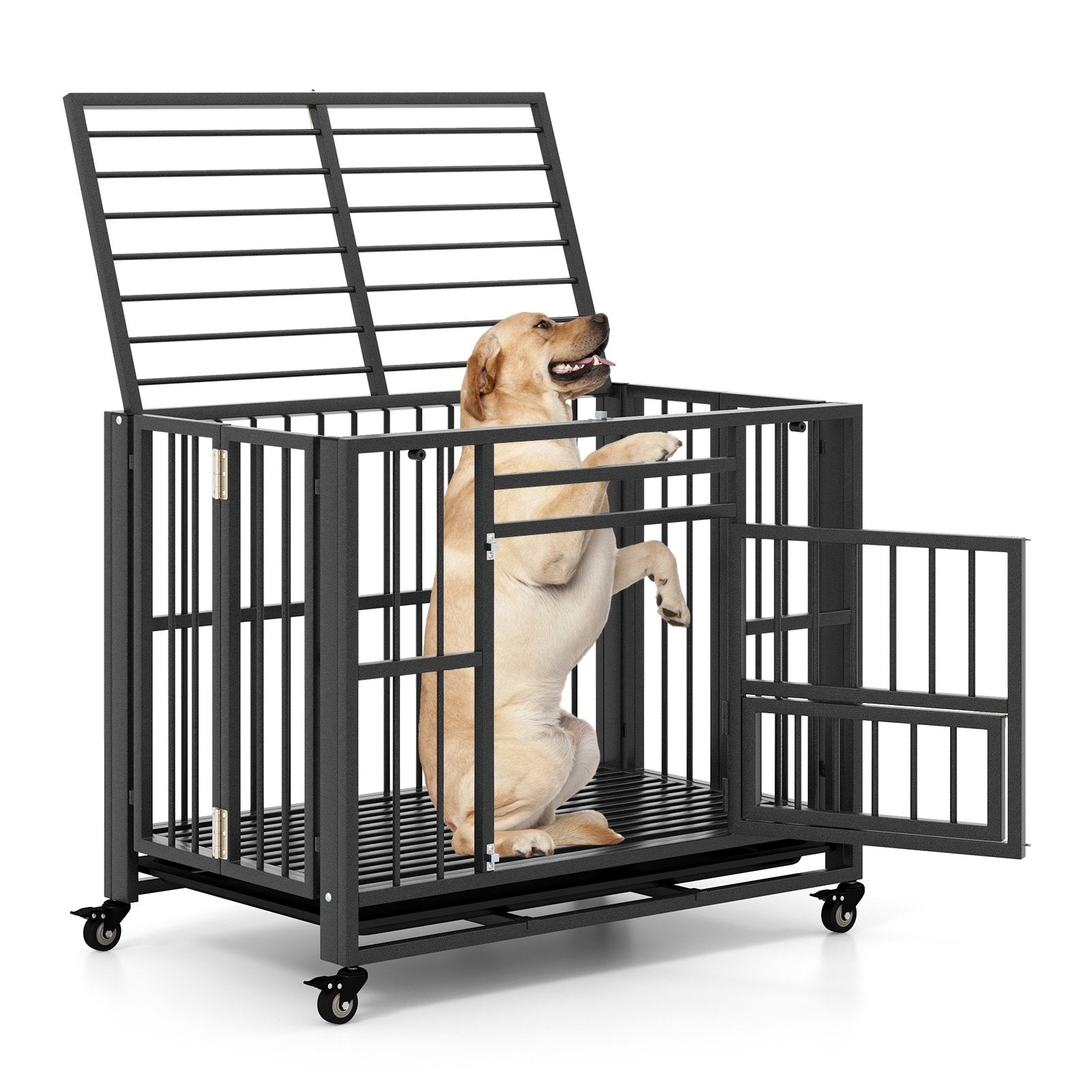 Foldable Heavy-Duty Metal Dog Cage Chew-proof Dog Crate with Lockable Universal Wheels, Black Dog Kennels   at Gallery Canada