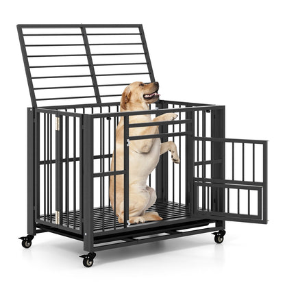 Foldable Heavy-Duty Metal Dog Cage Chew-proof Dog Crate with Lockable Universal Wheels, Black Dog Kennels   at Gallery Canada