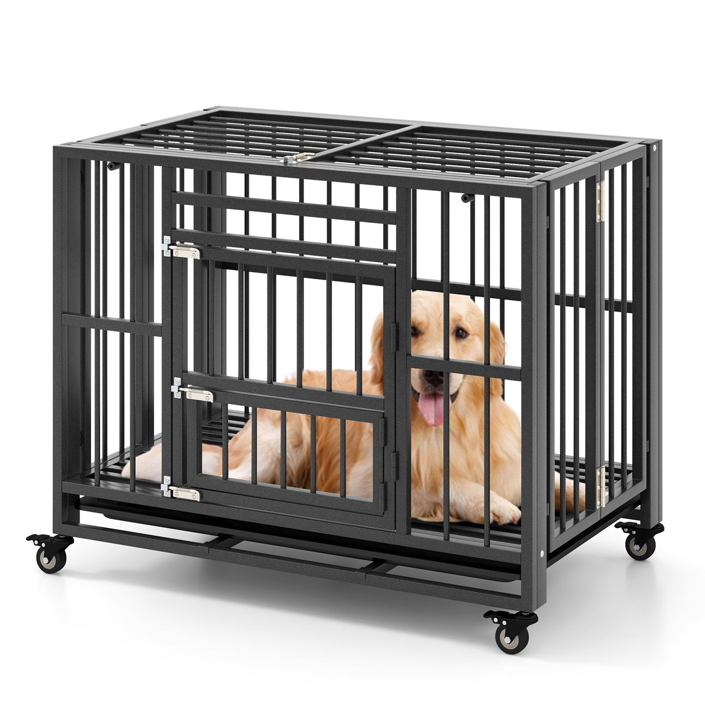 Foldable Heavy-Duty Metal Dog Cage Chew-proof Dog Crate with Lockable Universal Wheels, Black Dog Kennels   at Gallery Canada