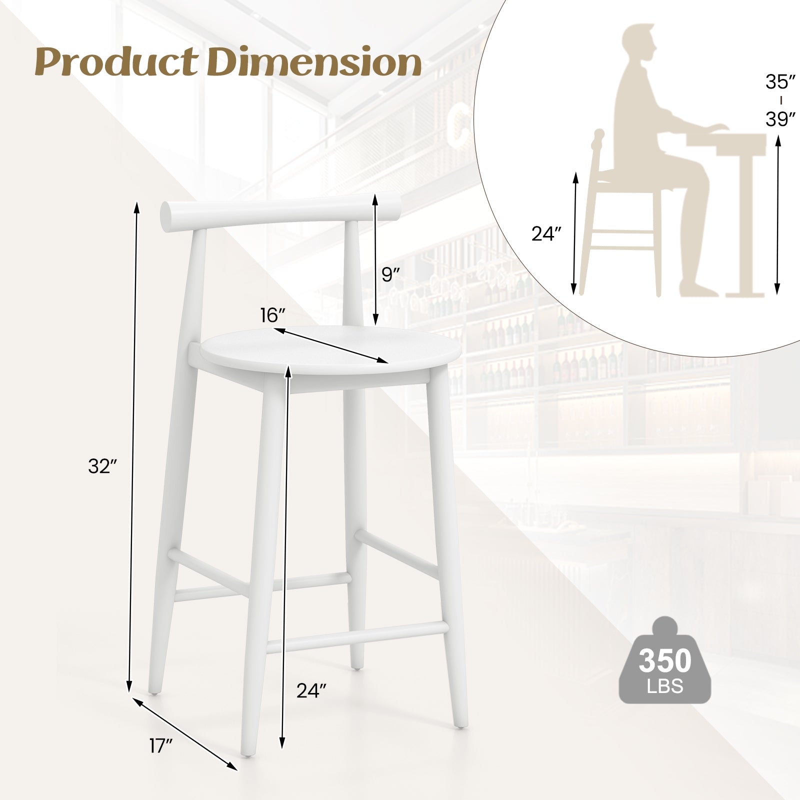 Counter Height Bar Chair Set with Acacia Wood Frame and Supporting Legs, White Bar Stools at Gallery Canada