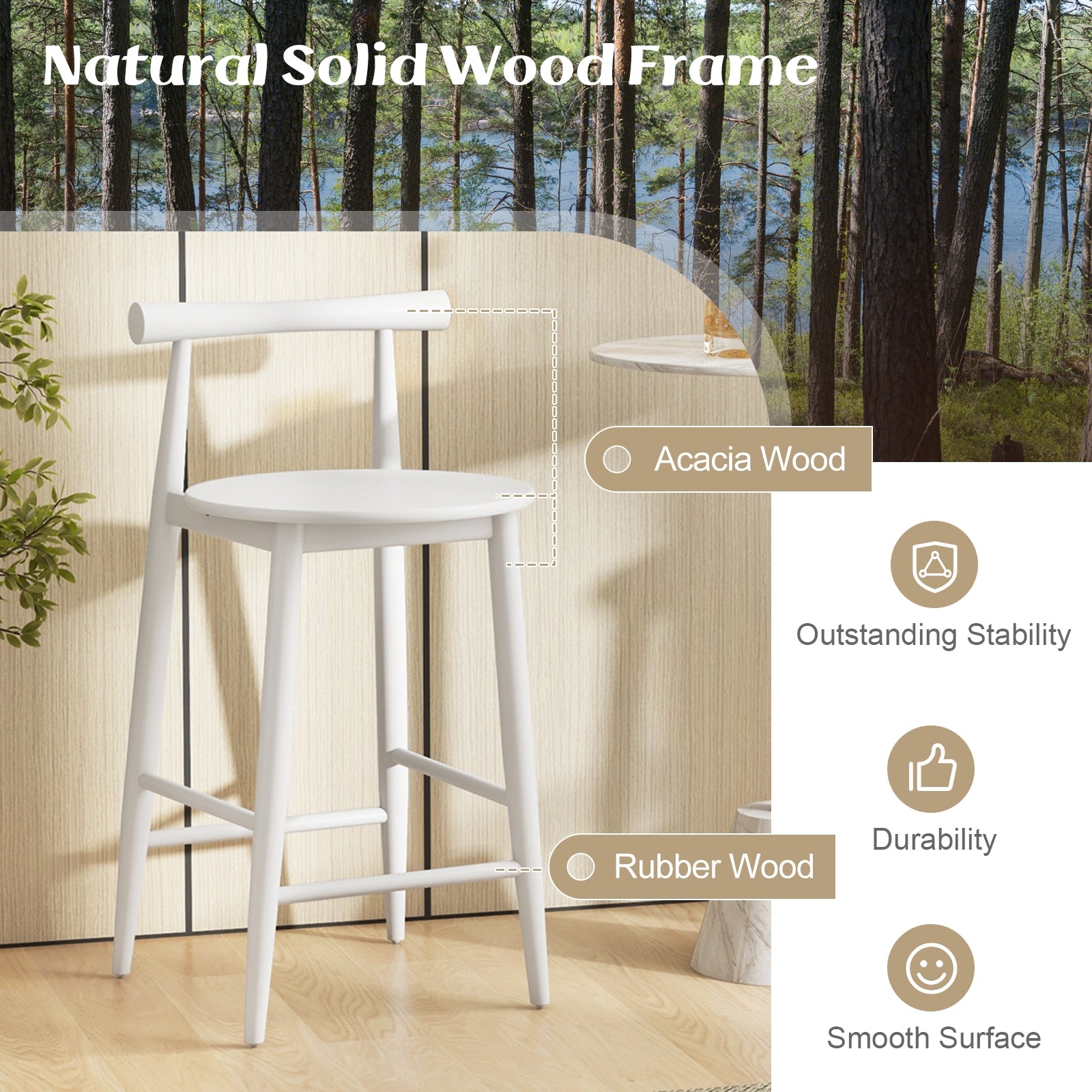 Counter Height Bar Chair Set with Acacia Wood Frame and Supporting Legs, White Bar Stools at Gallery Canada