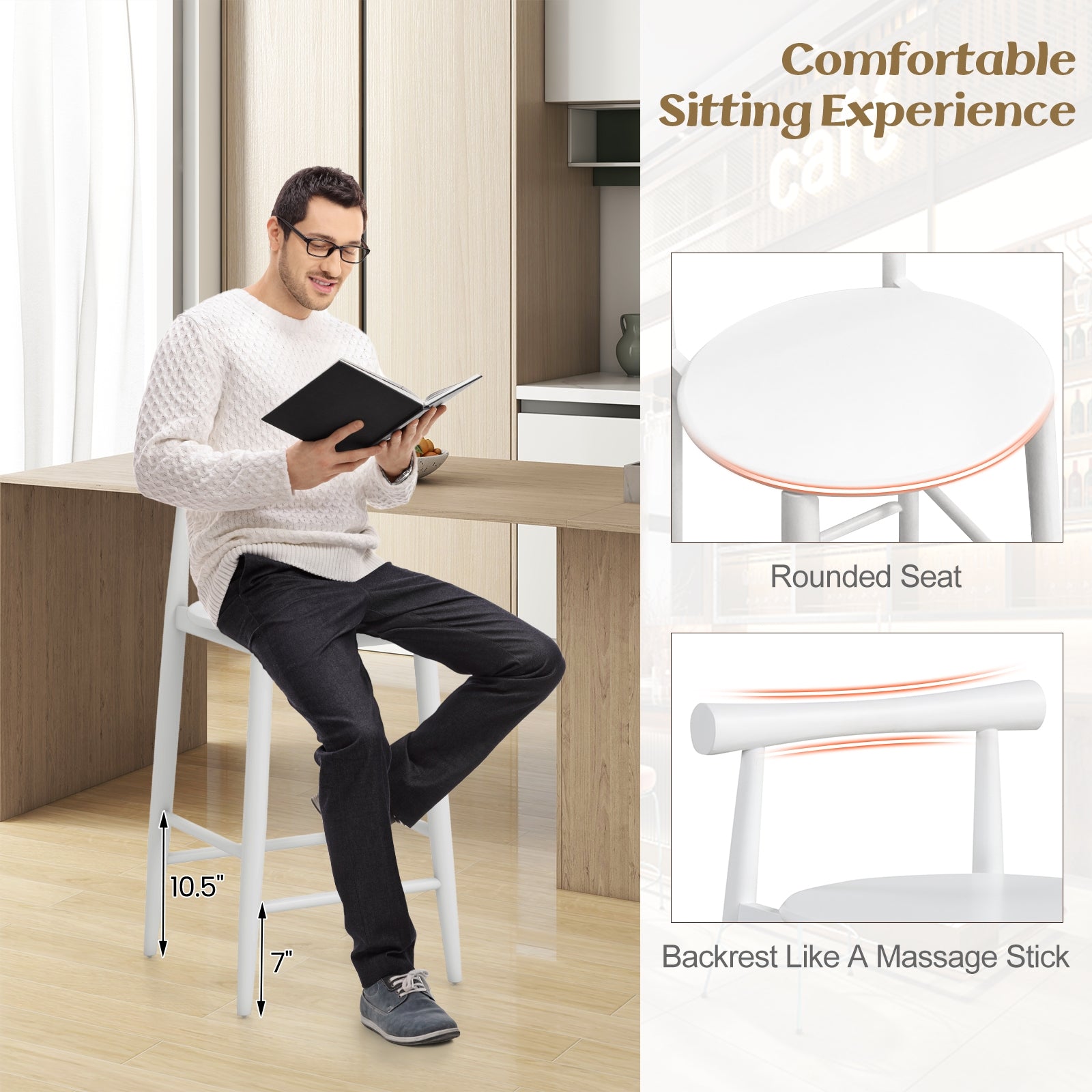 Counter Height Bar Chair Set with Acacia Wood Frame and Supporting Legs, White Bar Stools at Gallery Canada