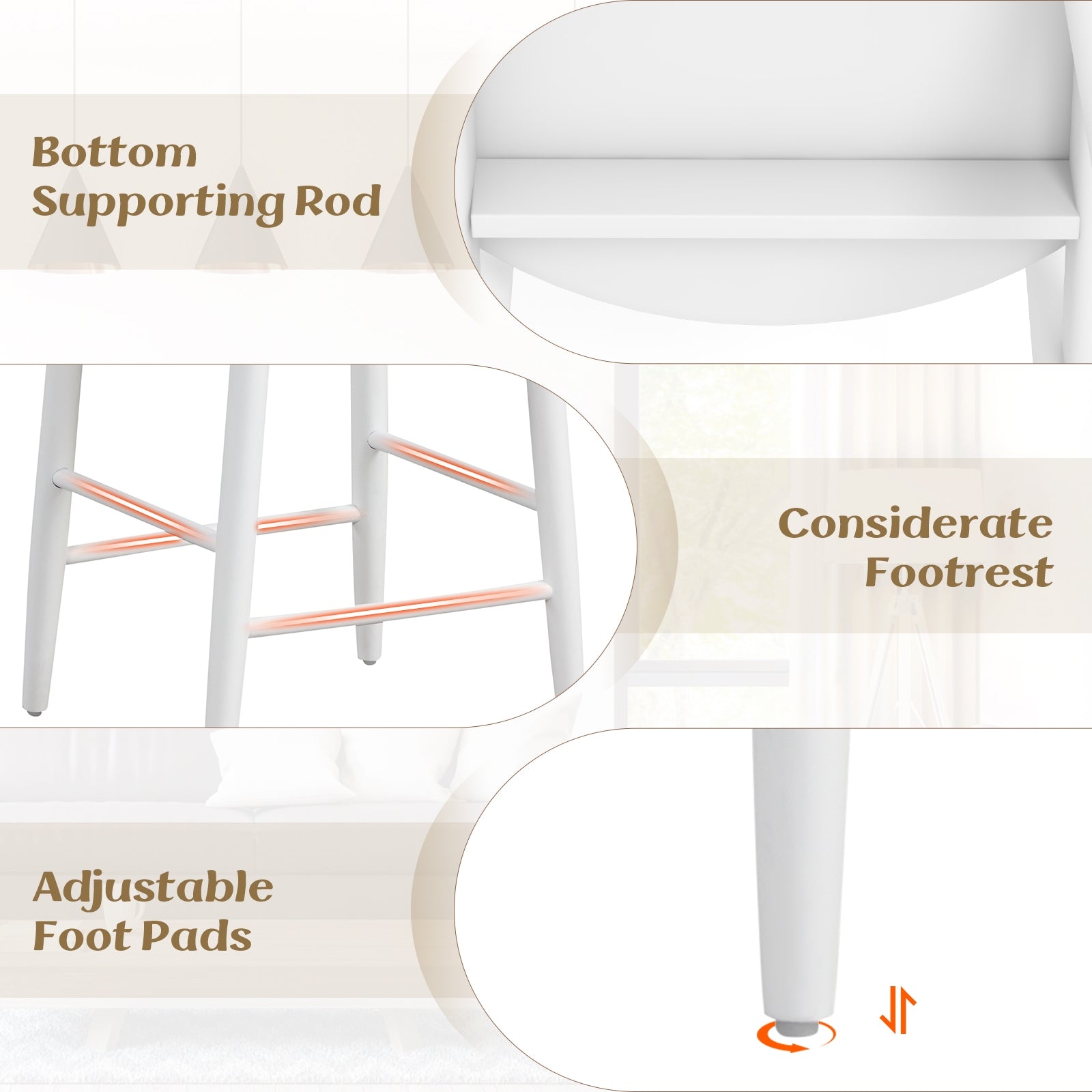 Counter Height Bar Chair Set with Acacia Wood Frame and Supporting Legs, White Bar Stools   at Gallery Canada