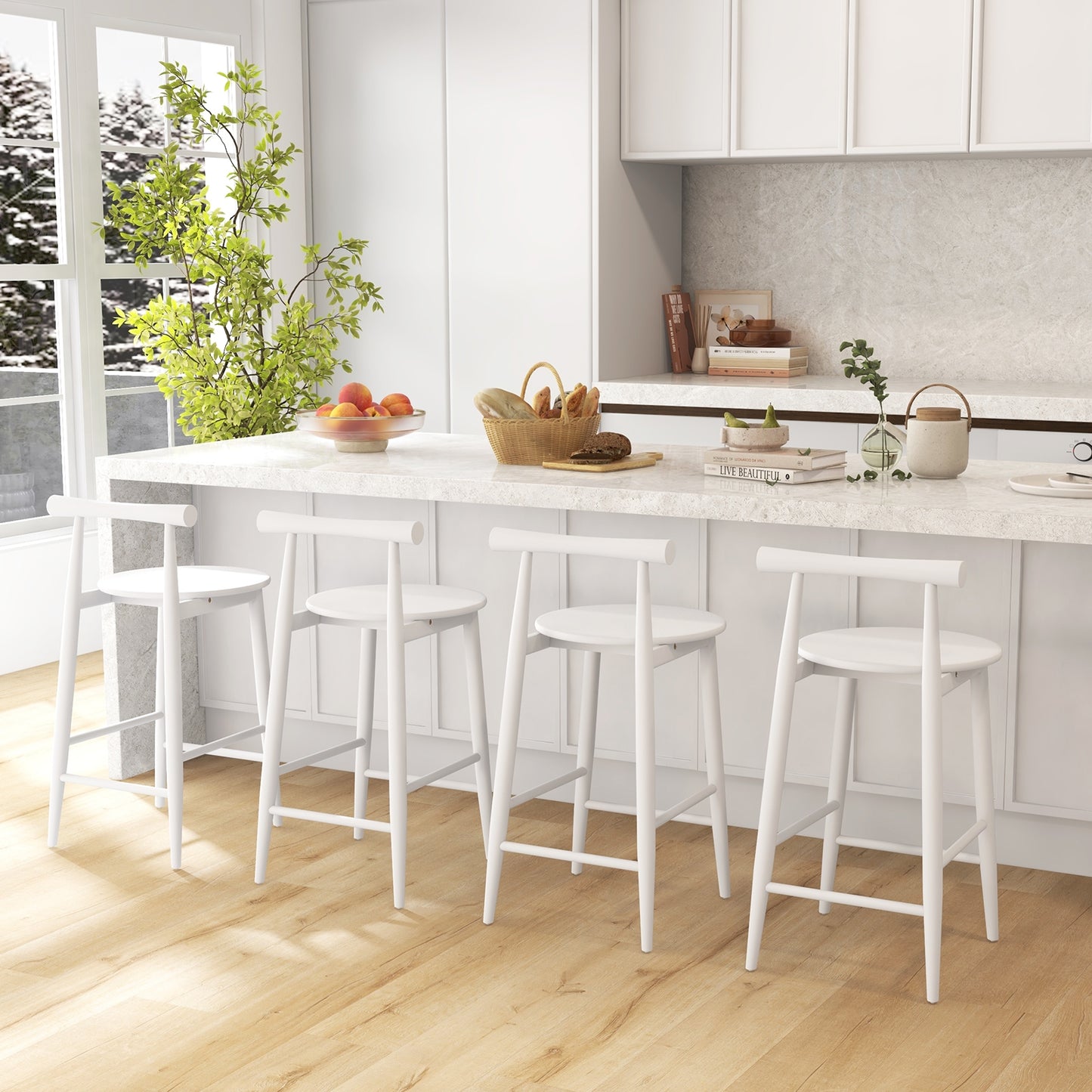 Counter Height Bar Chair Set with Acacia Wood Frame and Supporting Legs, White Bar Stools   at Gallery Canada