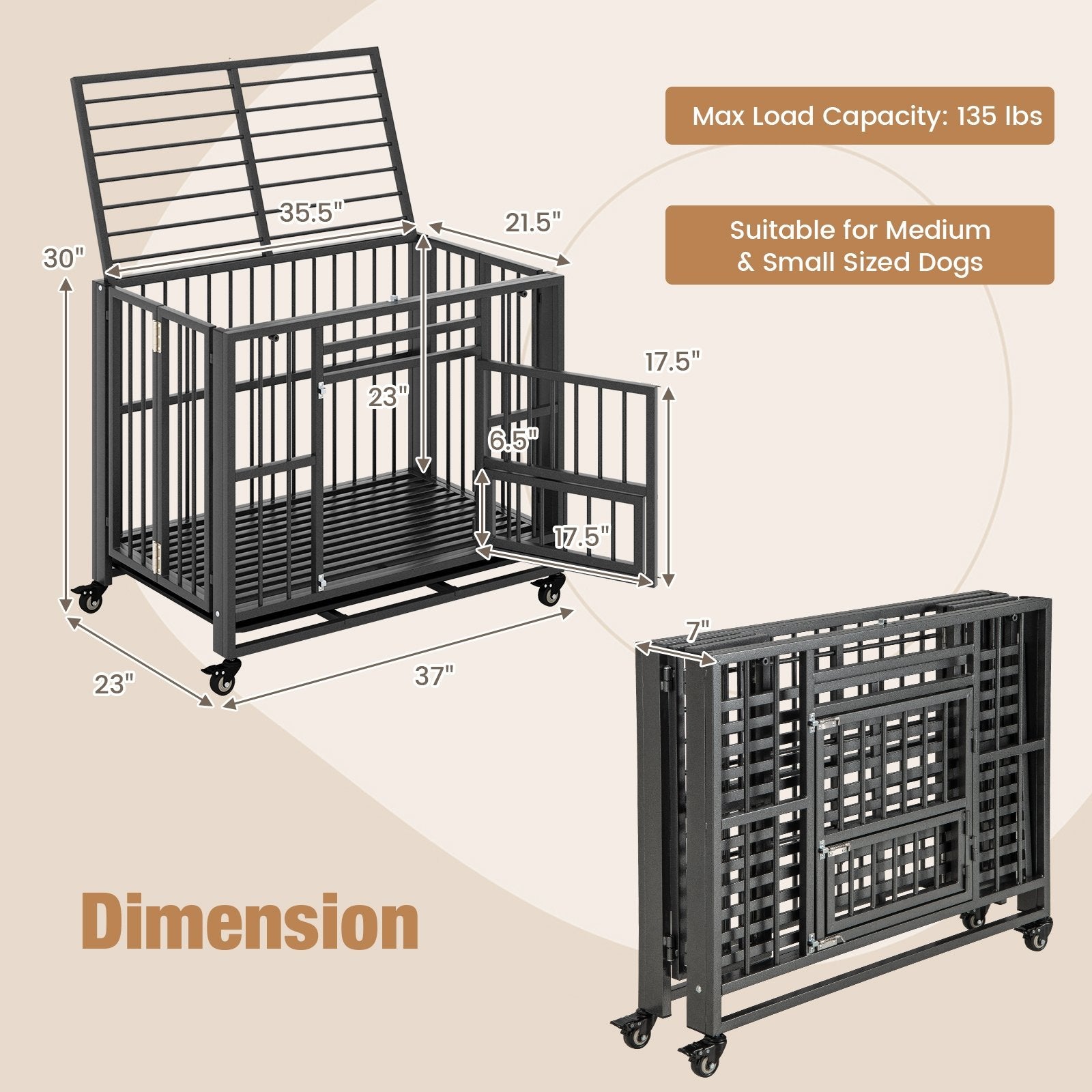 Foldable Heavy-Duty Metal Dog Cage Chew-proof Dog Crate with Lockable Universal Wheels, Black Dog Kennels   at Gallery Canada