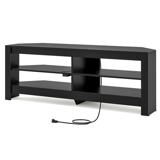 Corner TV Stand with Power Outlet and 4 Open Storage Shelves, Black - Gallery Canada