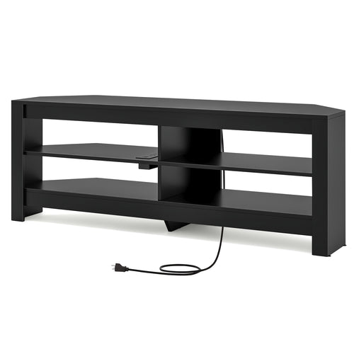 Corner TV Stand with Power Outlet and 4 Open Storage Shelves, Black