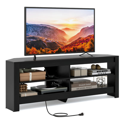 Corner TV Stand with Power Outlet and 4 Open Storage Shelves, Black Entertainment Centers & TV Stands   at Gallery Canada