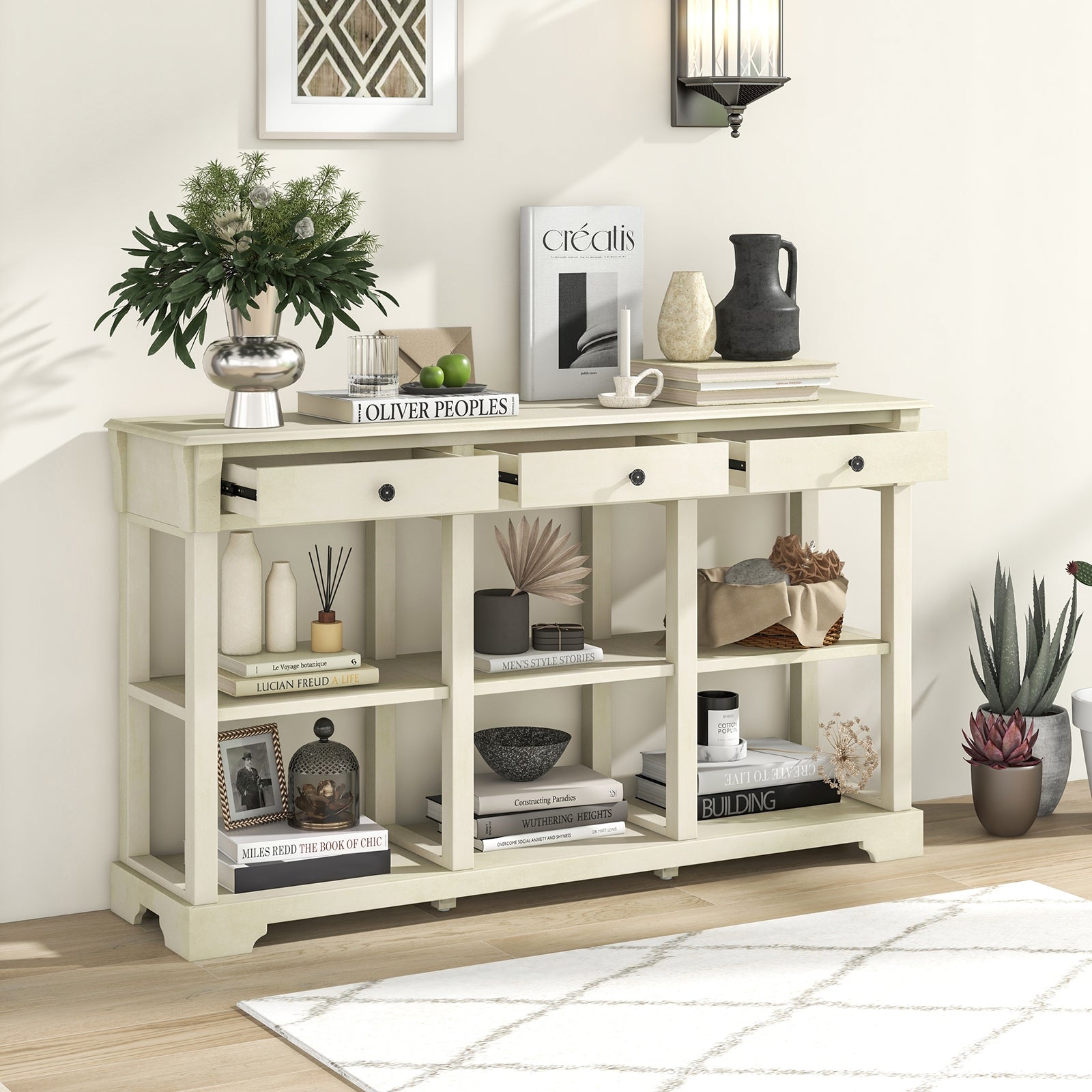 58 Inch Retro Console Table with 3 Drawers and Open Shelves Rectangular Entryway Table, White Console Tables   at Gallery Canada