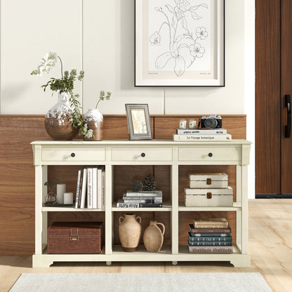 58 Inch Retro Console Table with 3 Drawers and Open Shelves Rectangular Entryway Table, White Console Tables   at Gallery Canada