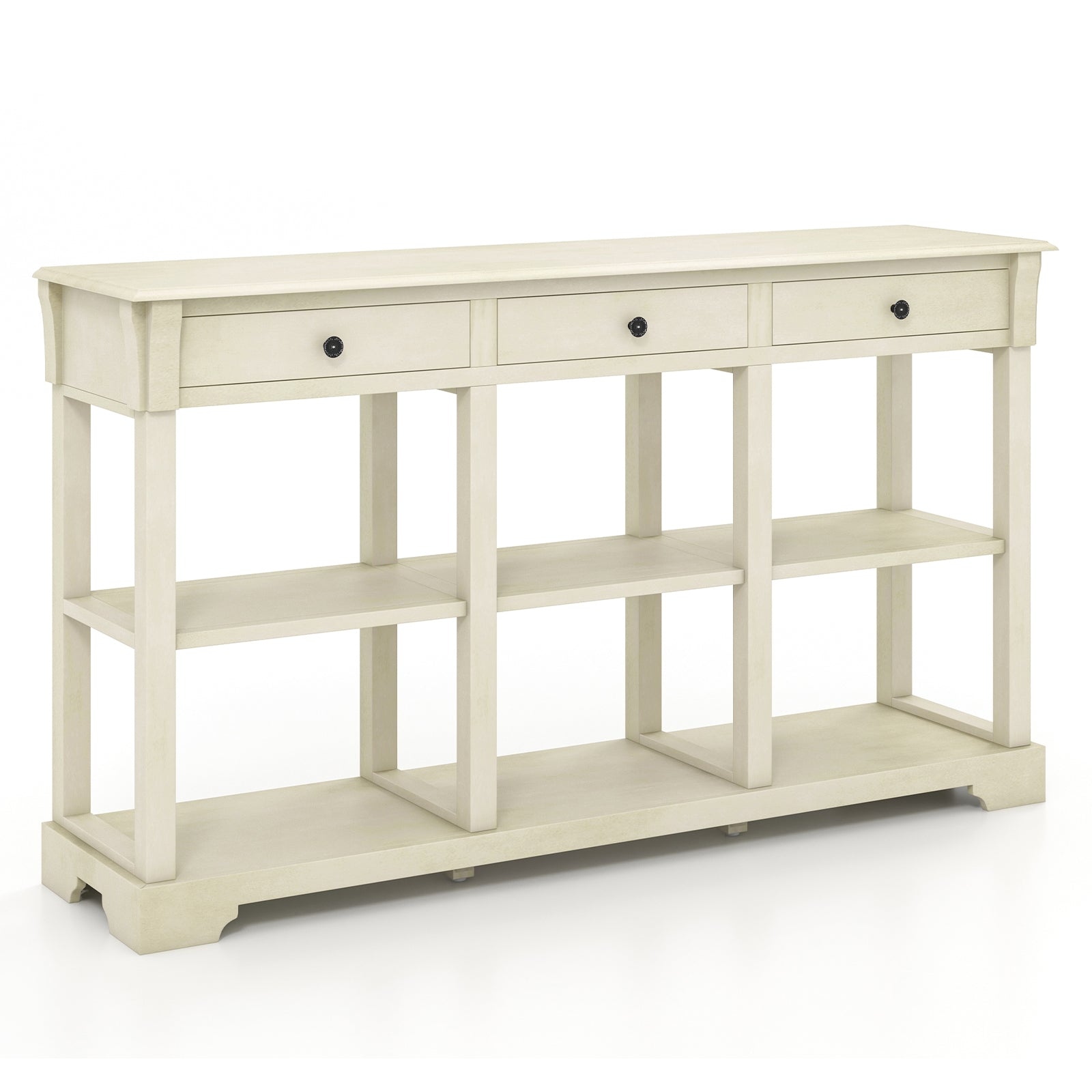 58 Inch Retro Console Table with 3 Drawers and Open Shelves Rectangular Entryway Table, White Console Tables White  at Gallery Canada