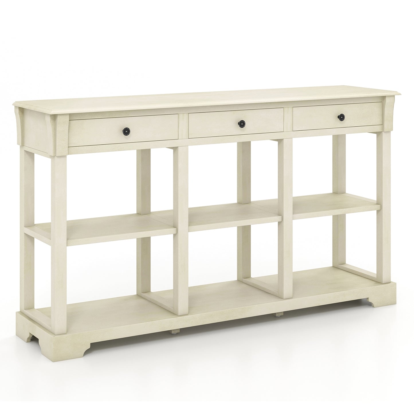 58 Inch Retro Console Table with 3 Drawers and Open Shelves Rectangular Entryway Table, White Console Tables White  at Gallery Canada