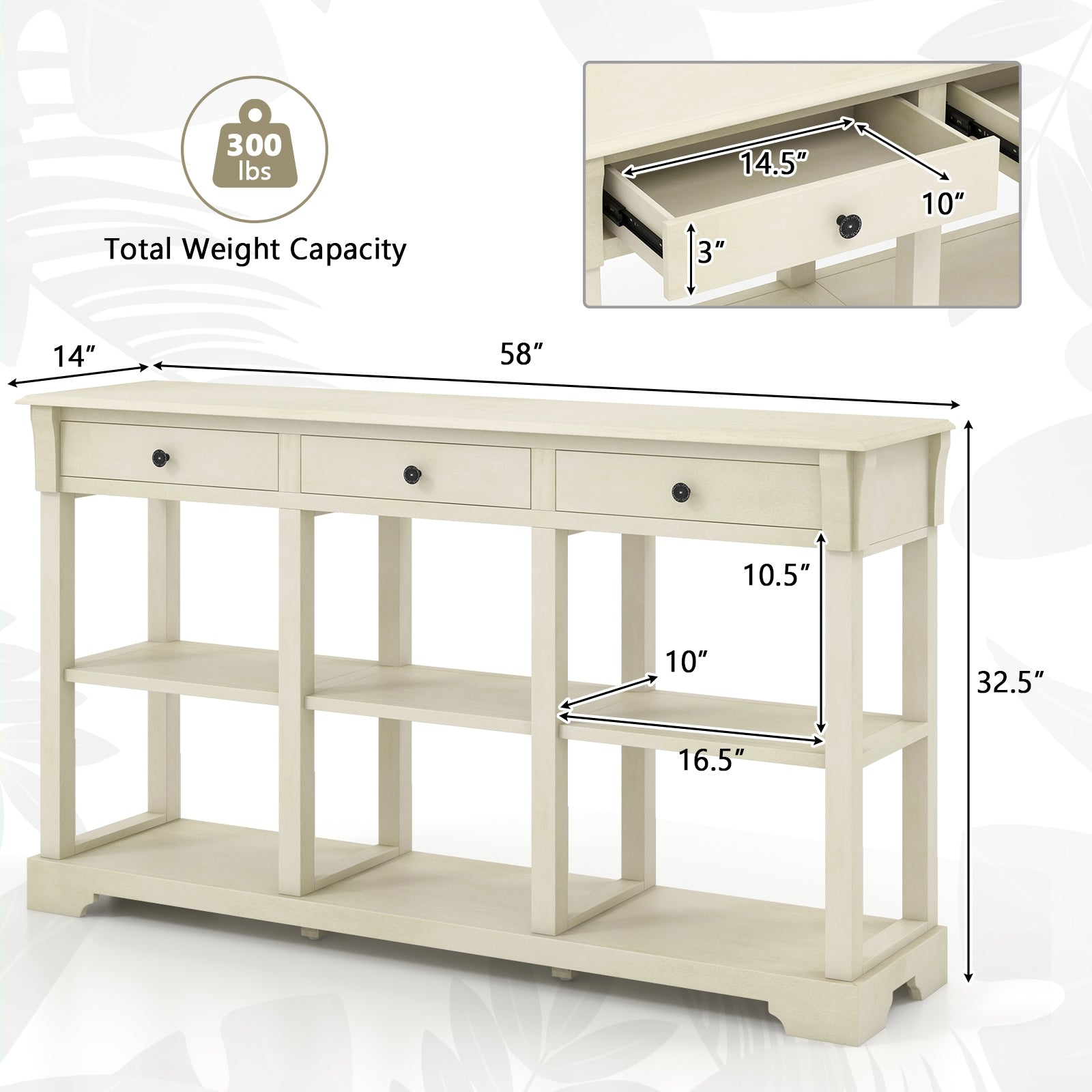 58 Inch Retro Console Table with 3 Drawers and Open Shelves Rectangular Entryway Table, White Console Tables   at Gallery Canada