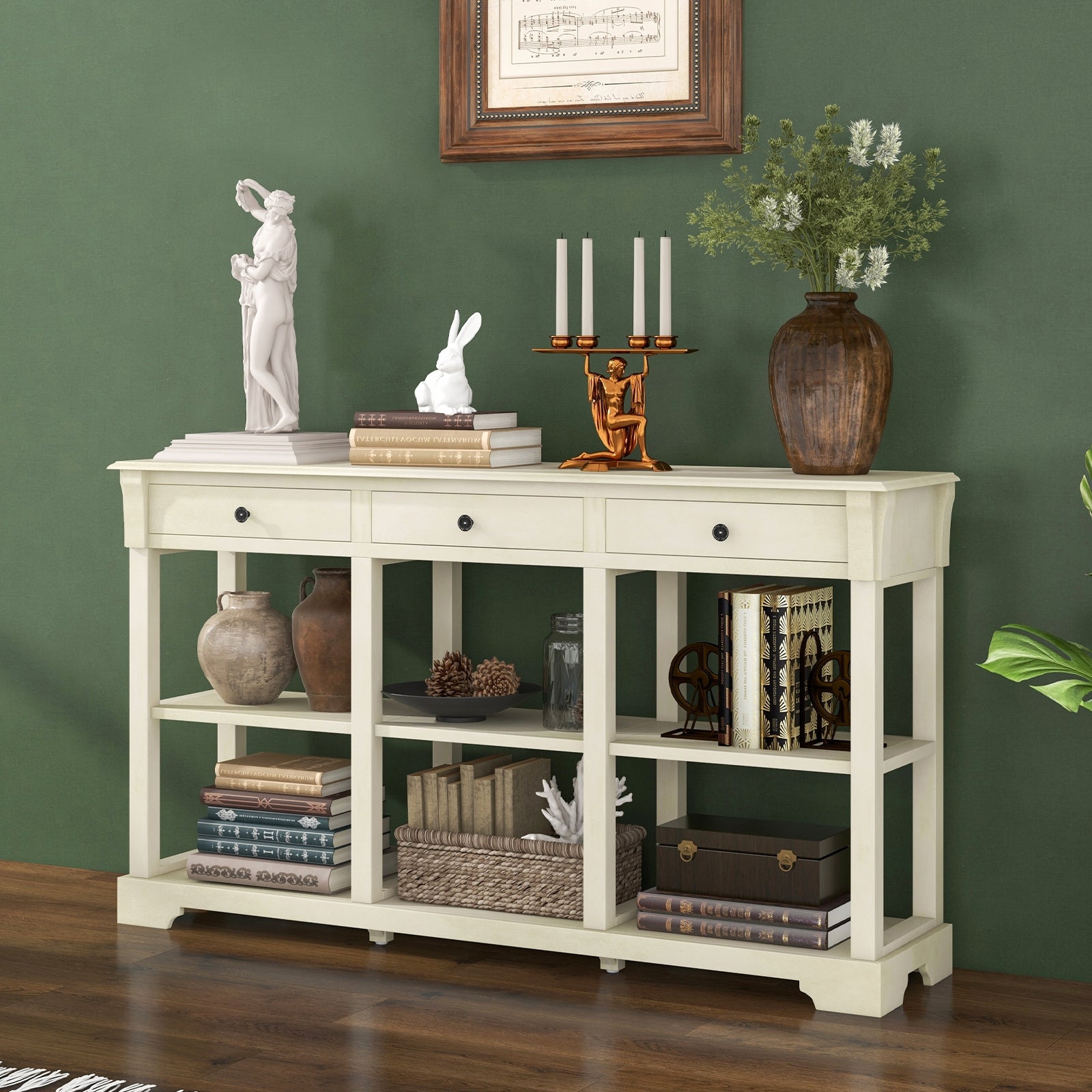 58 Inch Retro Console Table with 3 Drawers and Open Shelves Rectangular Entryway Table, White Console Tables   at Gallery Canada